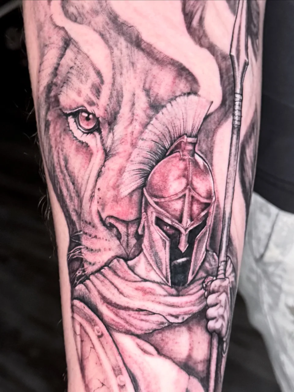 Lion and warrior realism tattoo on the forearm by Eldaddy