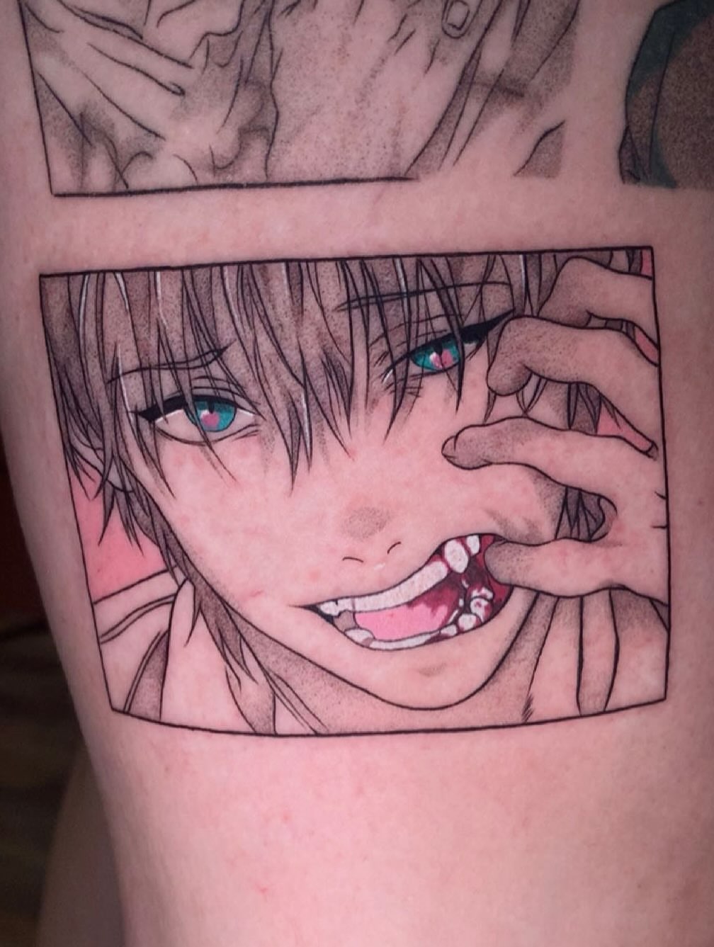 Anime character anime tattoo on the thigh by Maddie Rees