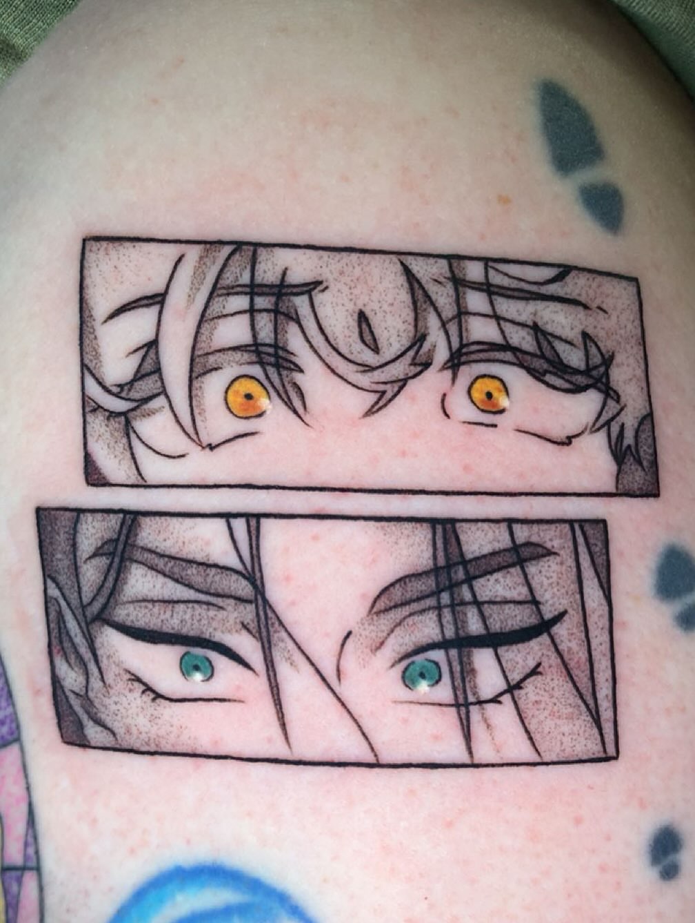 Anime eyes dotwork tattoo on the shoulder by Maddie Rees