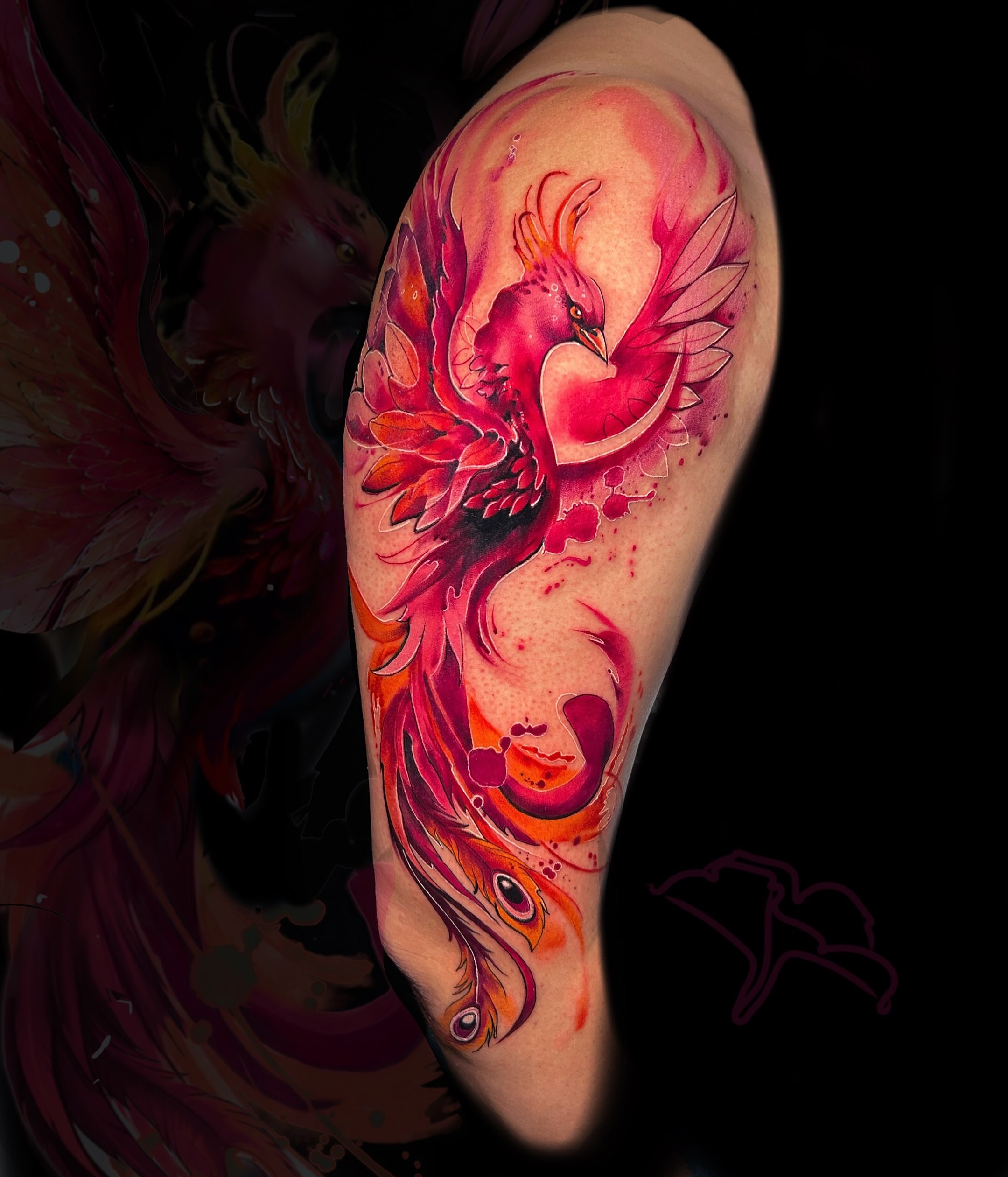 Phoenix watercolor tattoo on the upper arm by Aline Petunia, Los Angeles, California