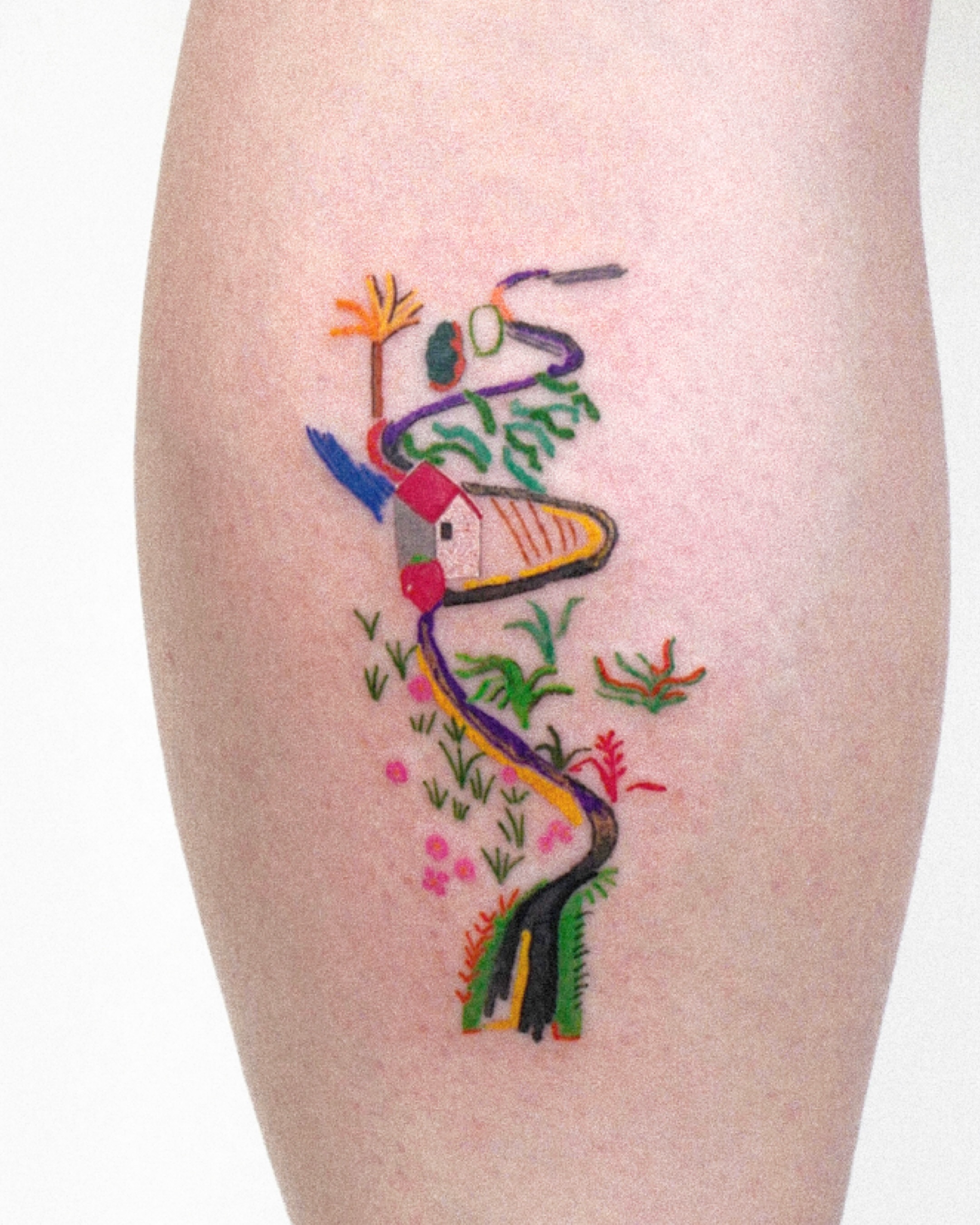 House and DNA strand new school tattoo on the forearm by dahye lee