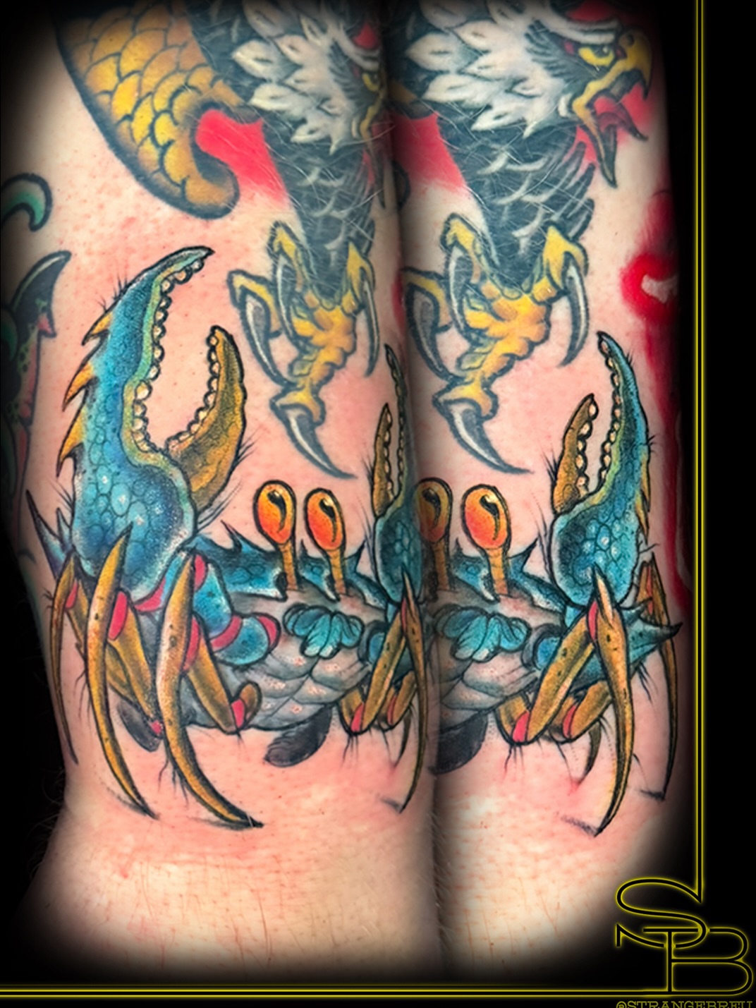 Crab American traditional tattoo on the thigh by Chris Breuer, Asbury Park, New Jersey