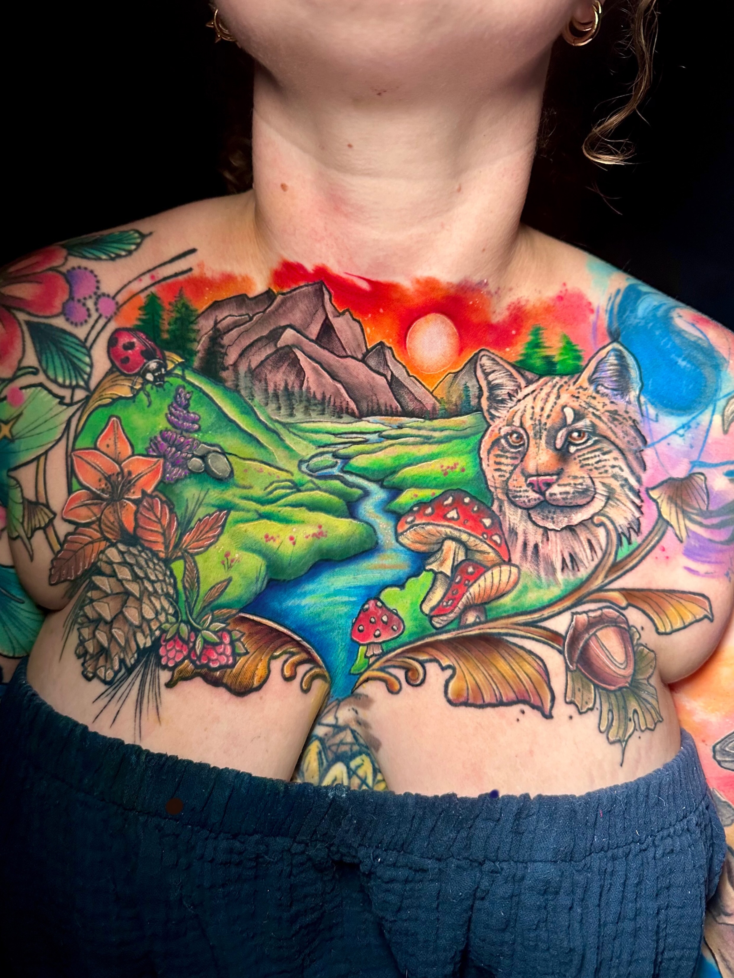 Forest landscape new school tattoo on the chest by Alena Petunia