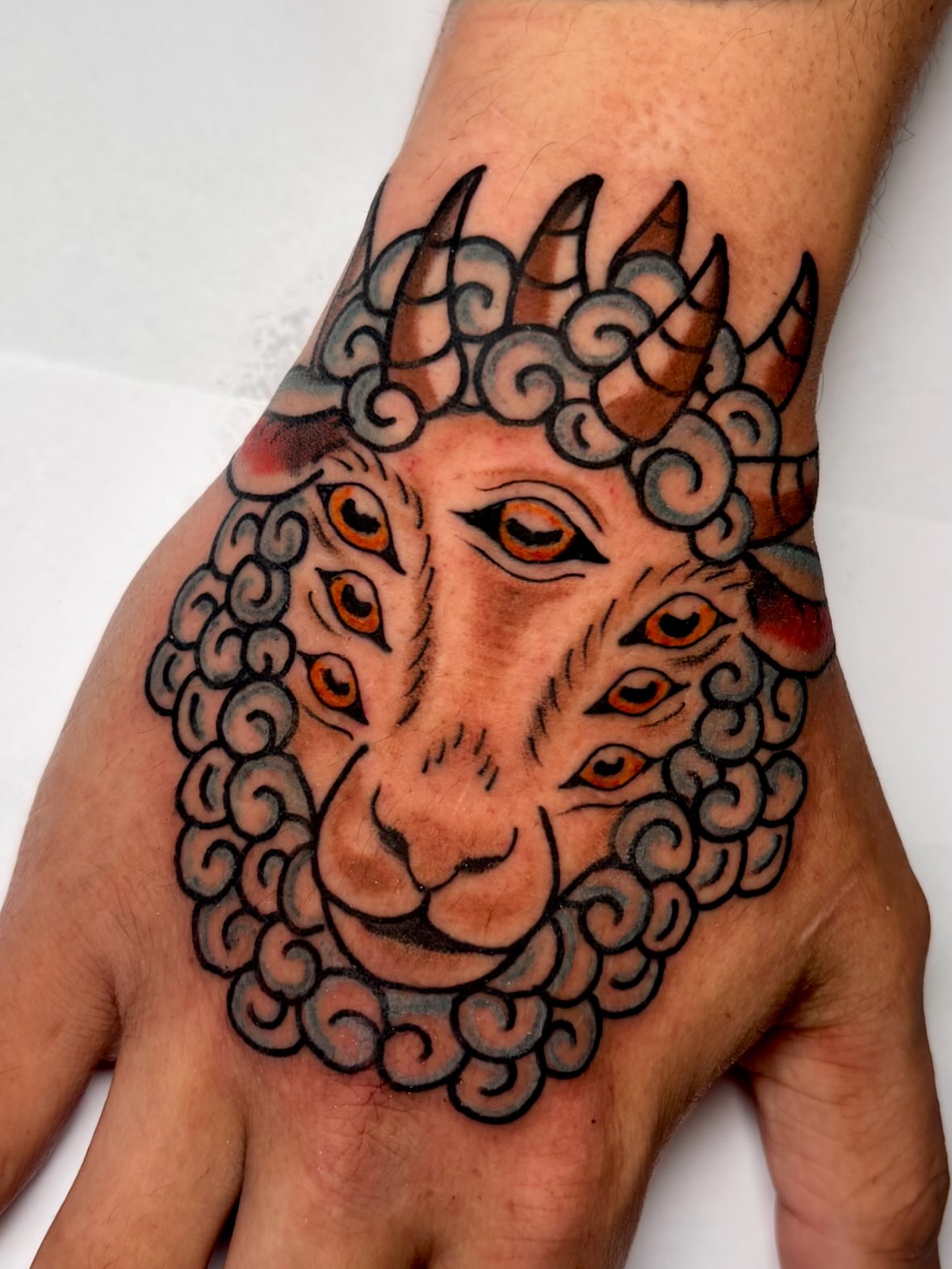 Goat head American traditional tattoo on the hand by ✶ 𝑺𝑰𝑳𝑽𝑨𝑵𝑨