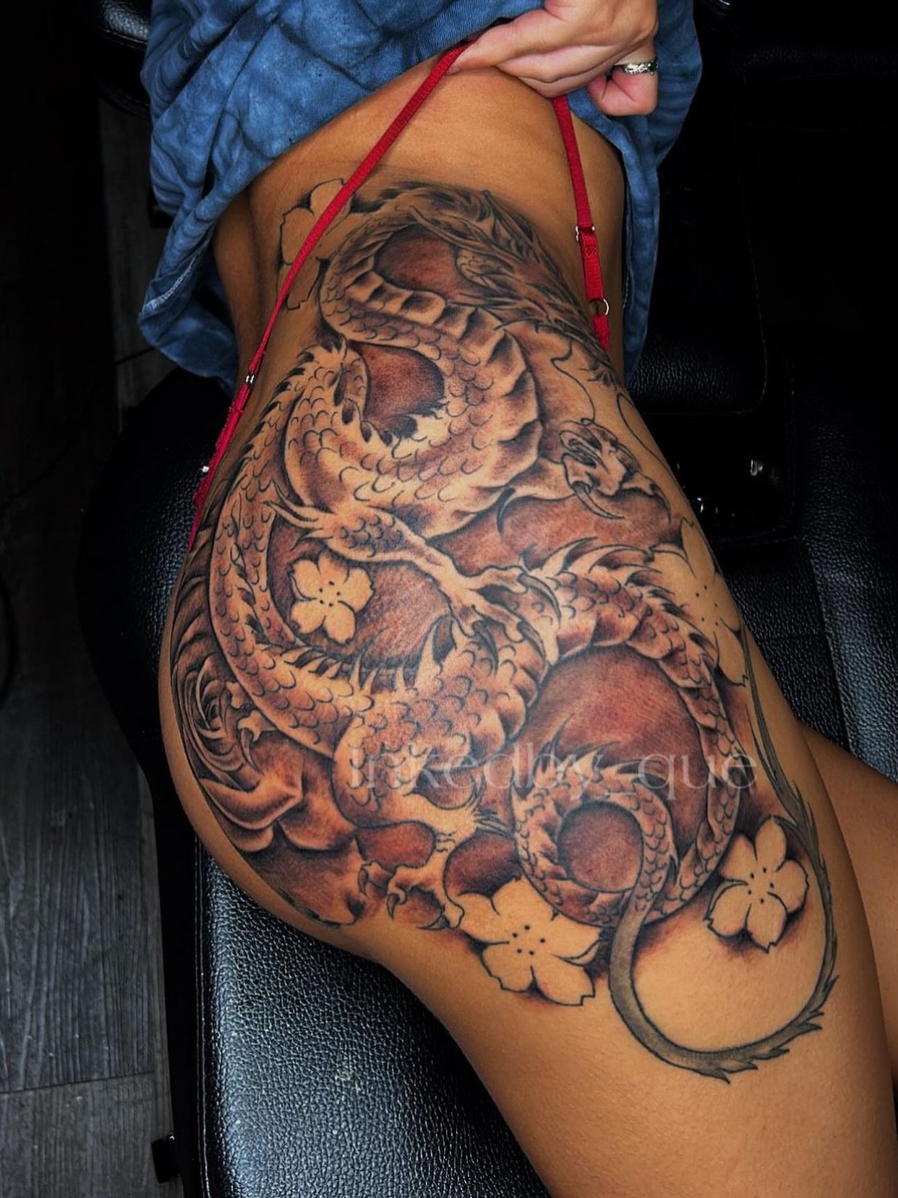 Dragon and cherry blossoms japanese irezumi tattoo on the thigh by Q⚜️