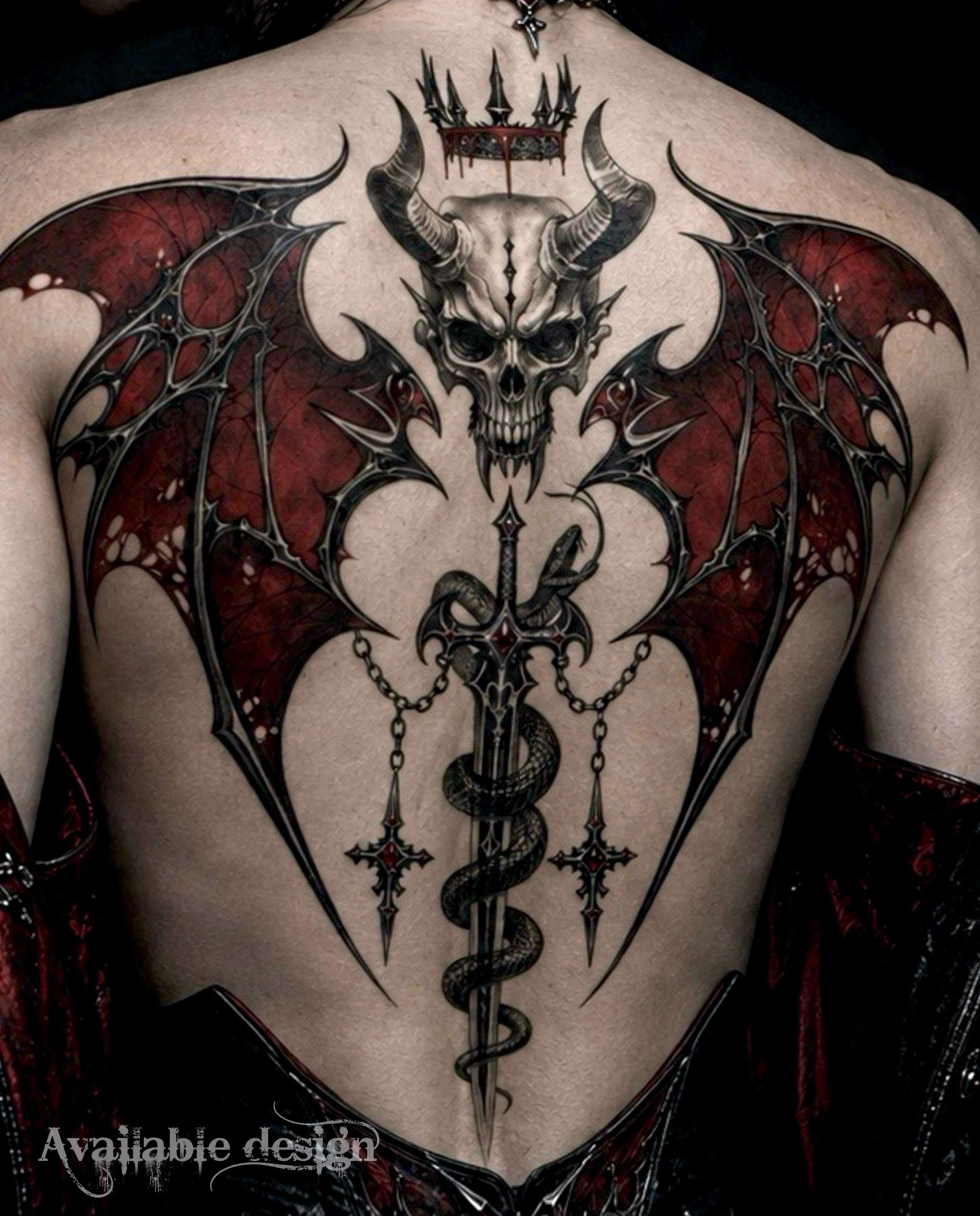 Skull with wings dark realism tattoo on the back by Cyber sigil & ornamental tattoo π₯