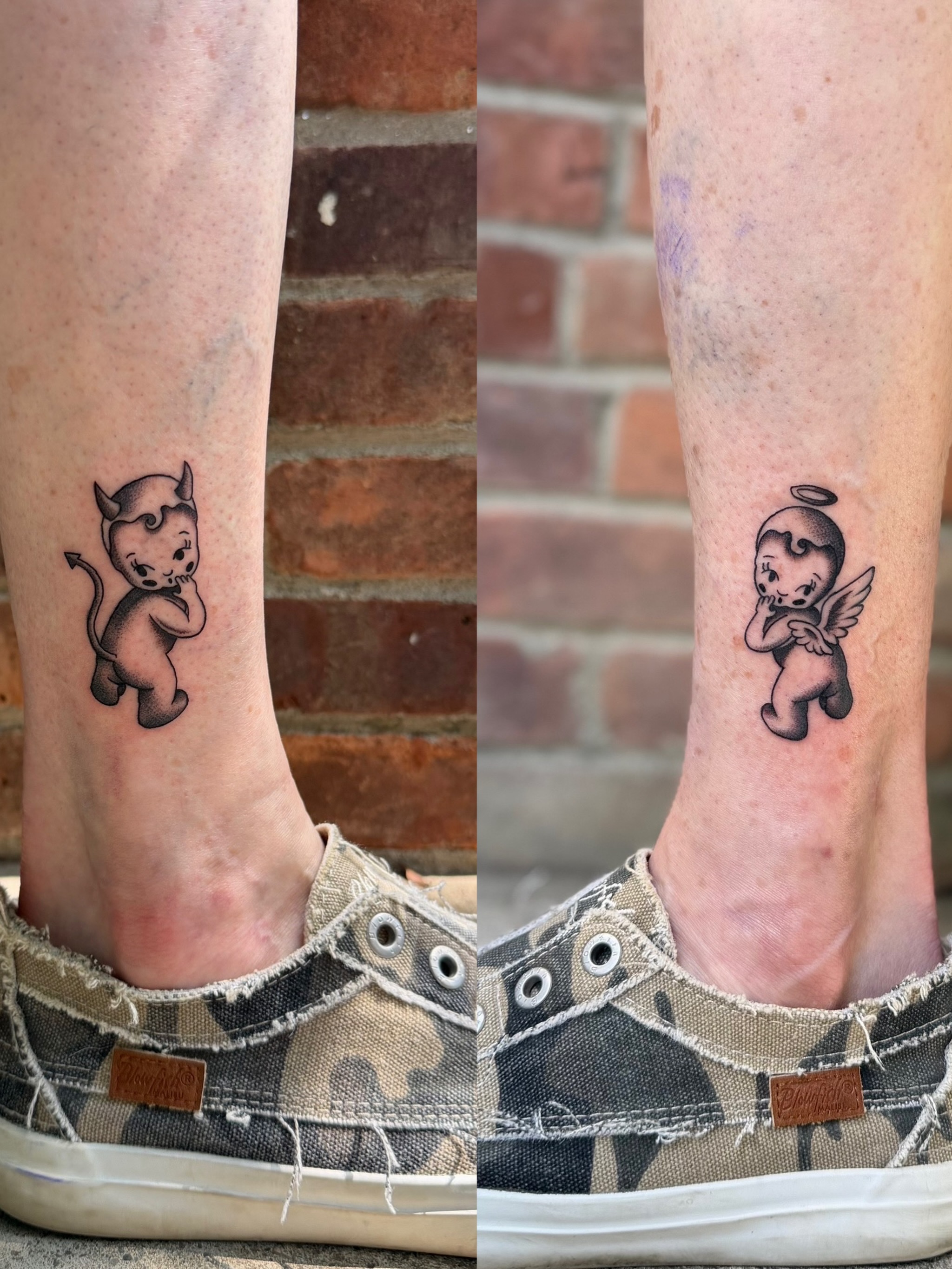 Angel and devil black and grey tattoo on the calf by Nicole Libretti ✶ Tattoo ✶ Hvny