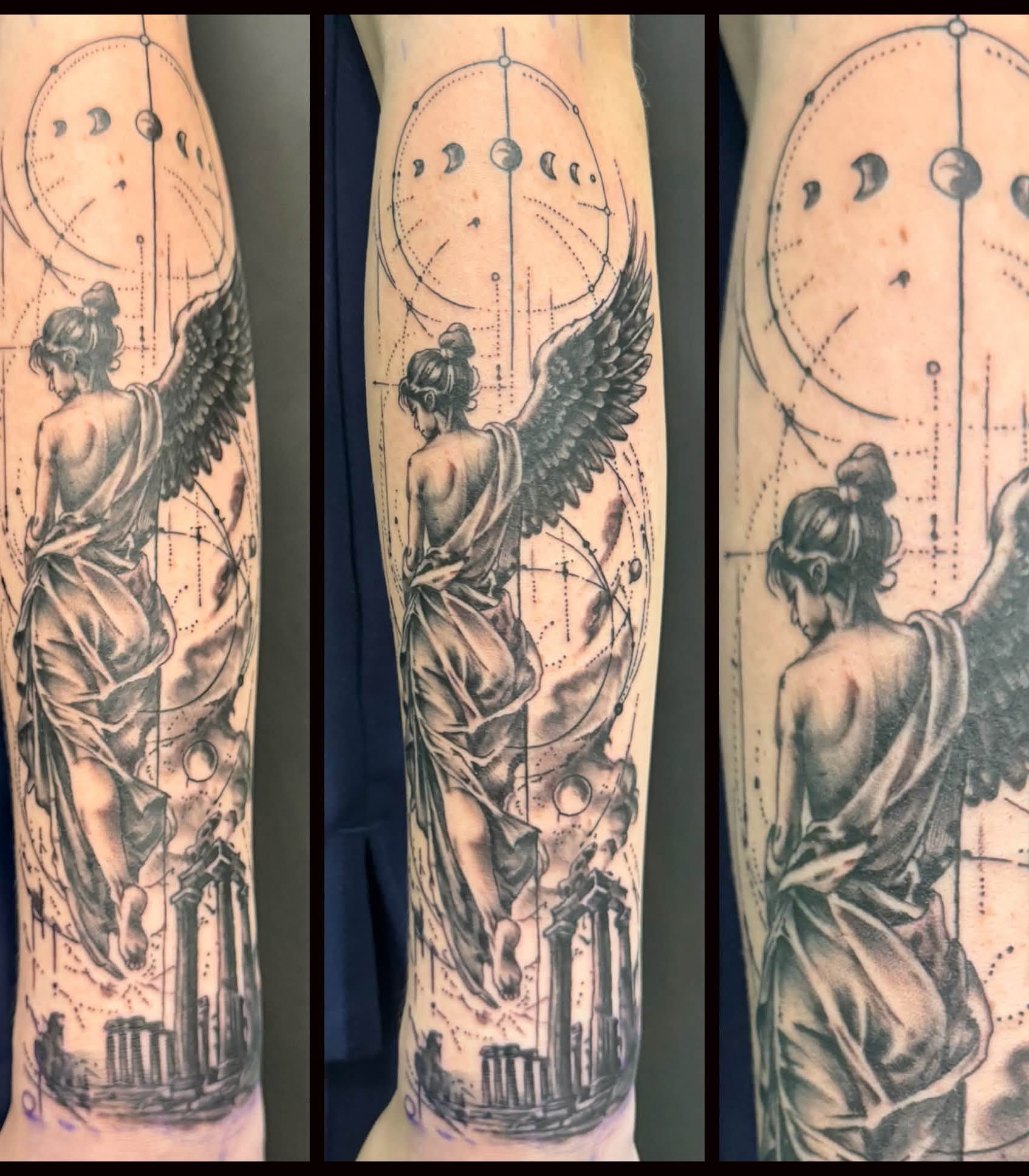 Statue of winged figure realism tattoo on the forearm by Skott Kautman, Dubuque, Iowa