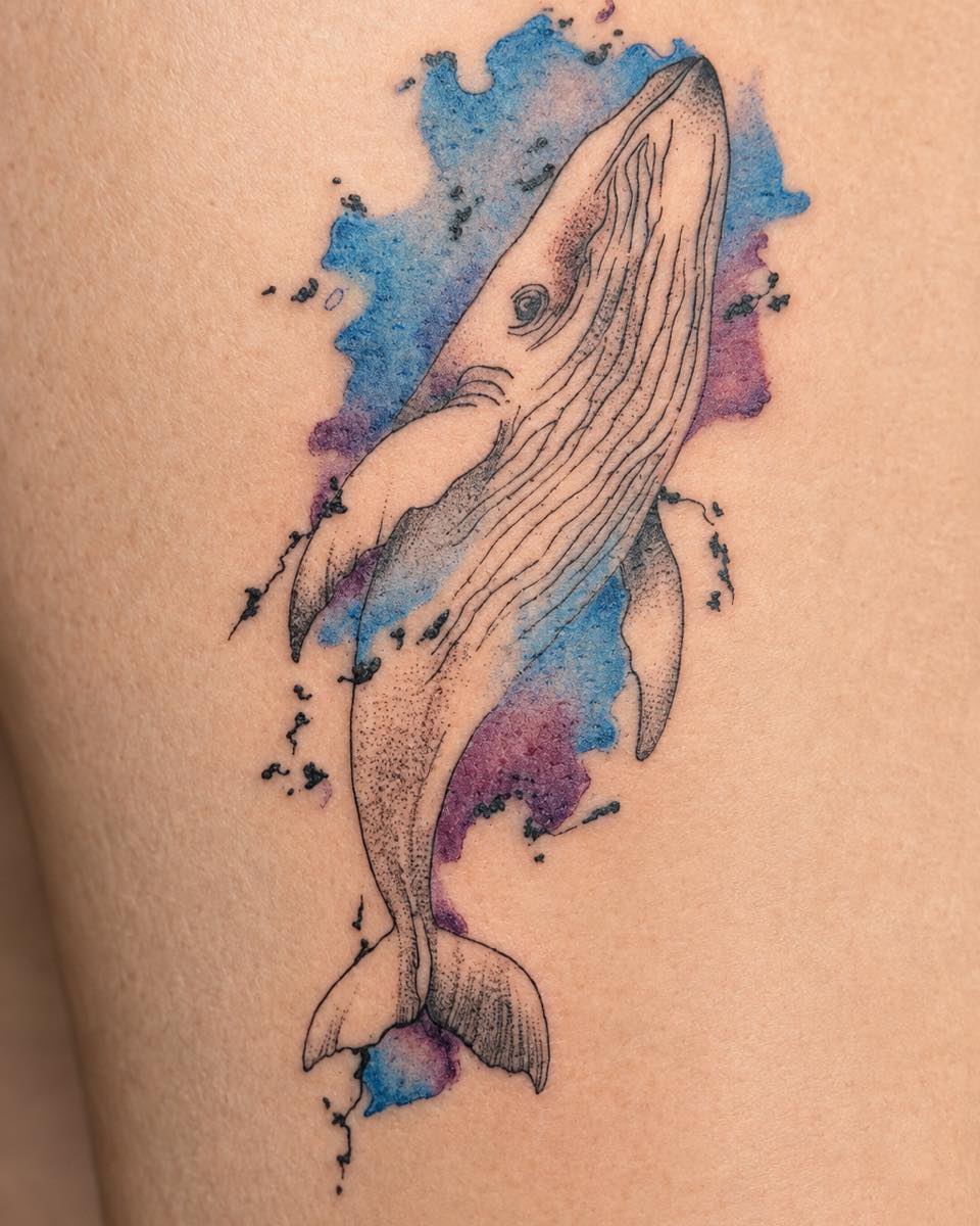 Whale dotwork tattoo on the thigh by Flamboyant