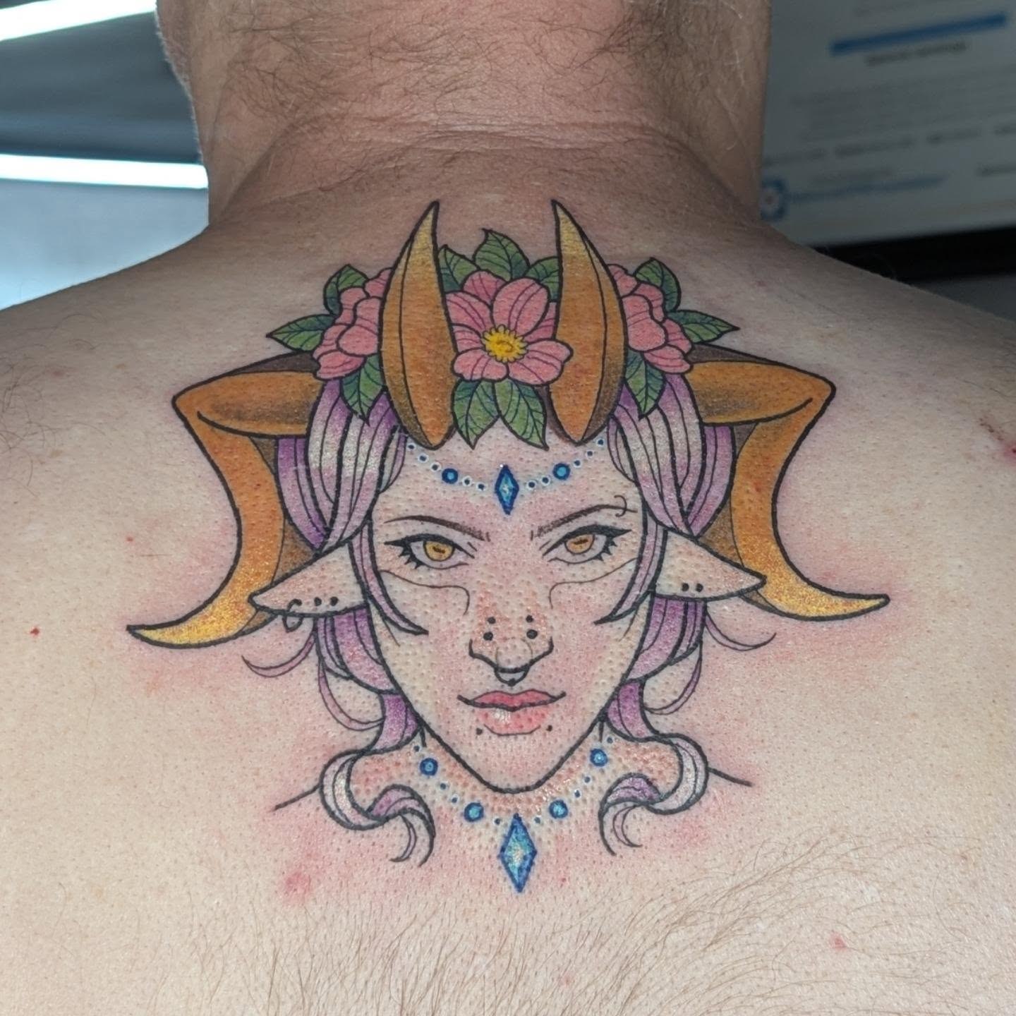 Goat-headed woman dotwork tattoo on the back by Spencer Jennings, Westland, Michigan