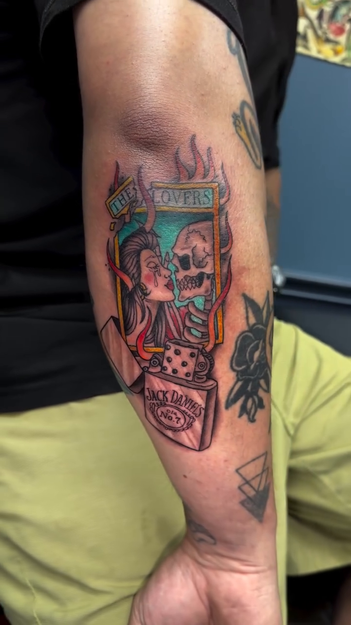 Lovers skeleton kiss neo-traditional tattoo by Tattoos by Rey G.