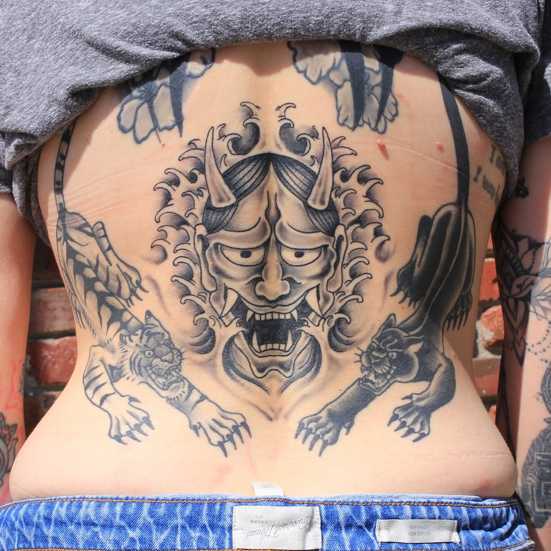 Demon mask japanese irezumi tattoo on the torso by Anthony Robles