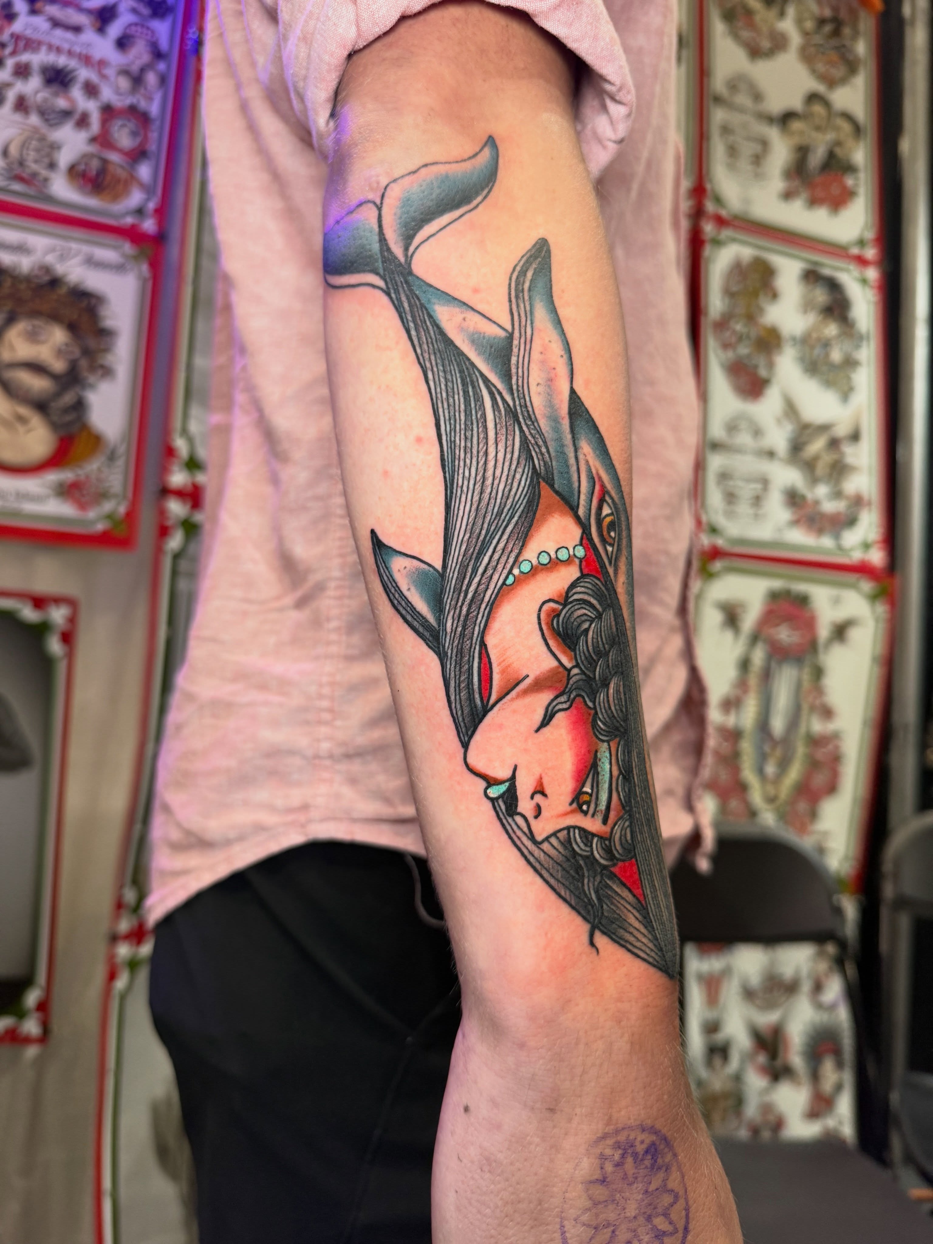 Whale and woman American traditional tattoo on the forearm by Alessandro Pennella