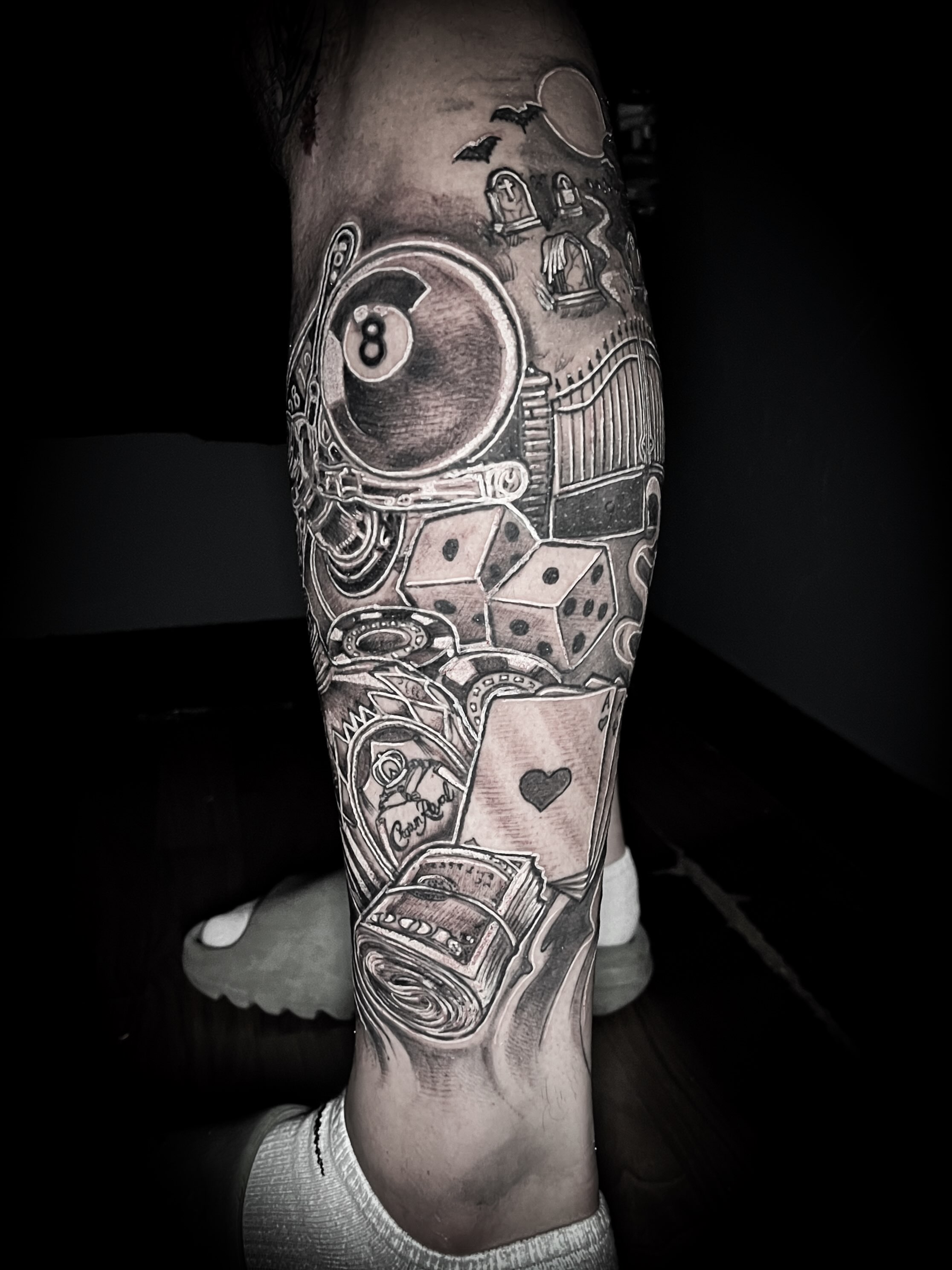 Billiards and gambling realism tattoo on the forearm by Lindsay Fernandez, Colorado Springs, Colorado