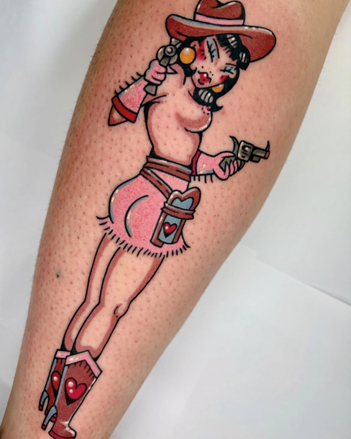 Cowgirl American traditional tattoo on the forearm by Bella