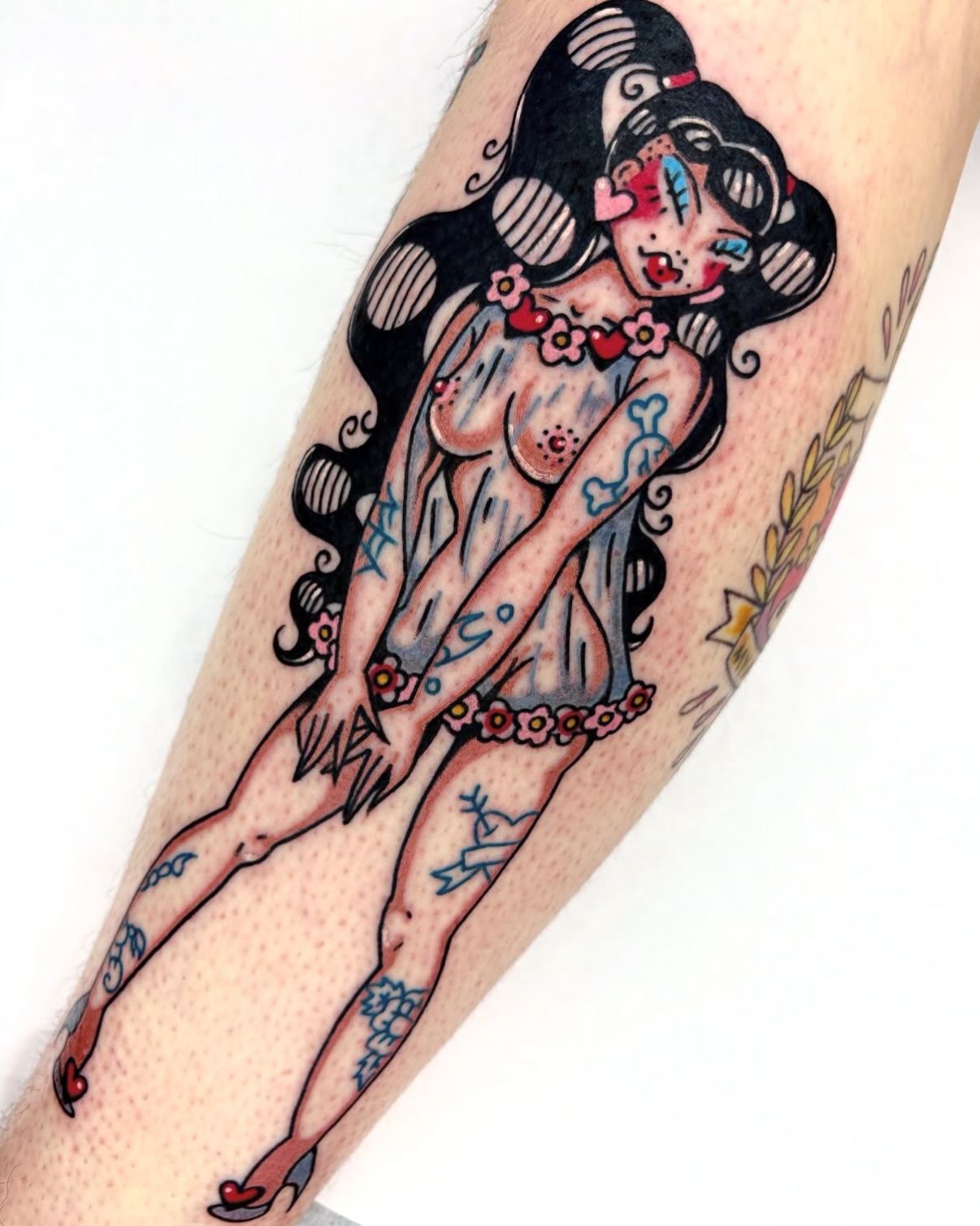 Woman with flowers American traditional tattoo on the forearm by Bella