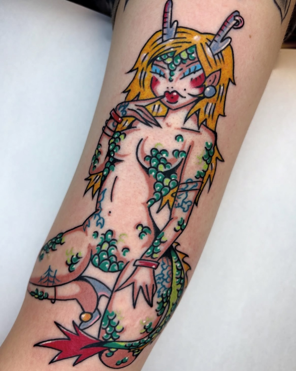 Mermaid American traditional tattoo on the forearm by Bella