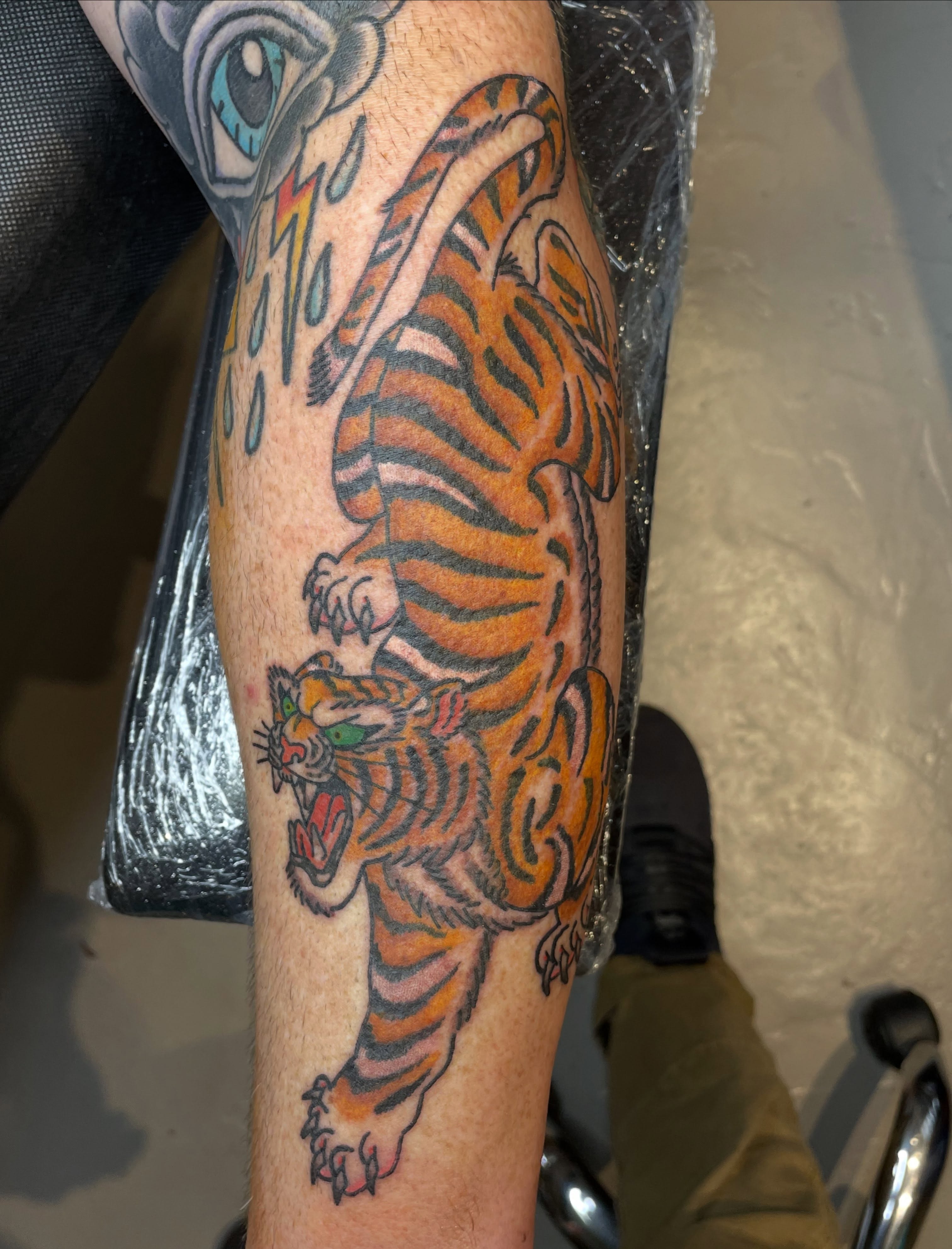 Tiger American traditional tattoo on the forearm by Mitchell Willard