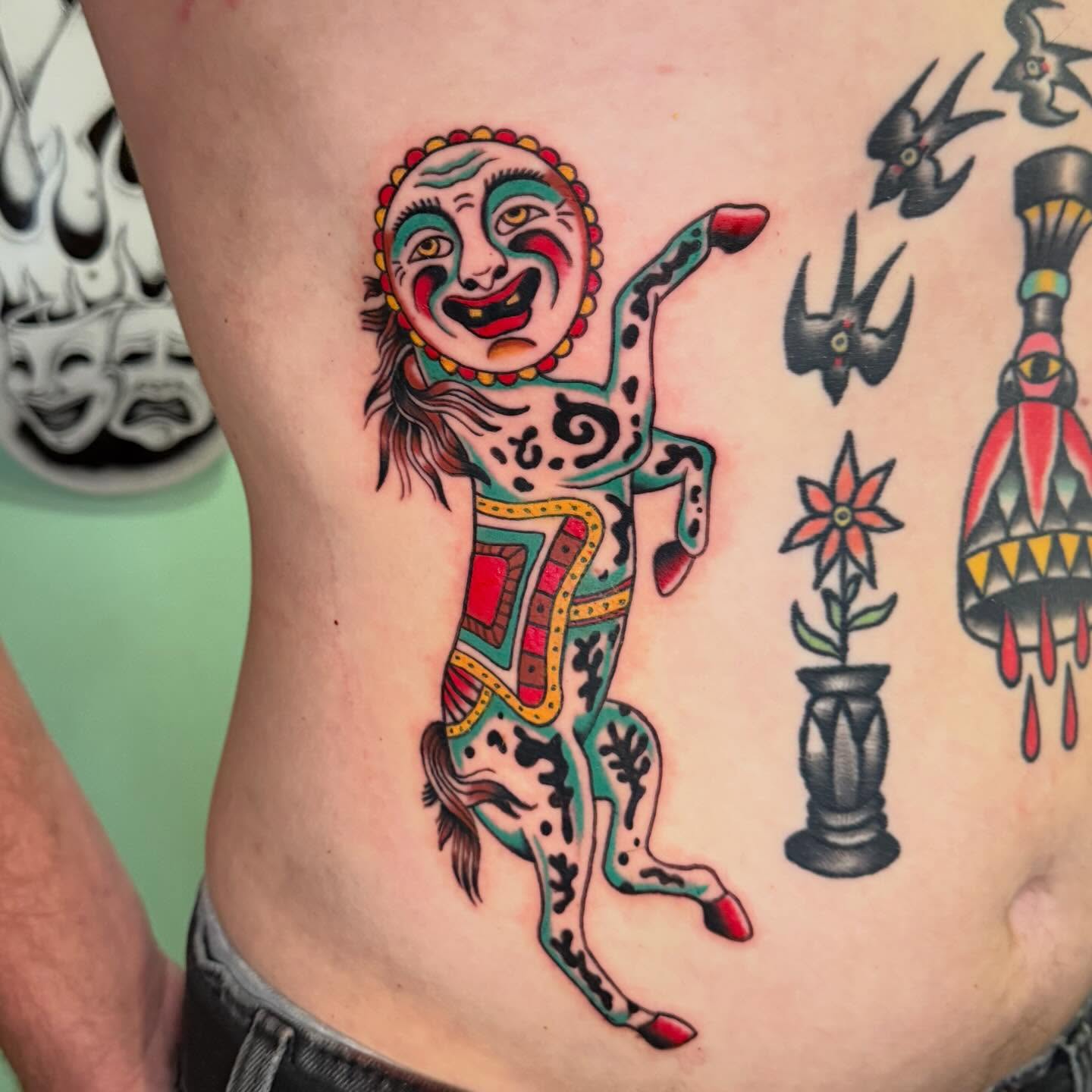 Clown American traditional tattoo on the thigh by charlie
