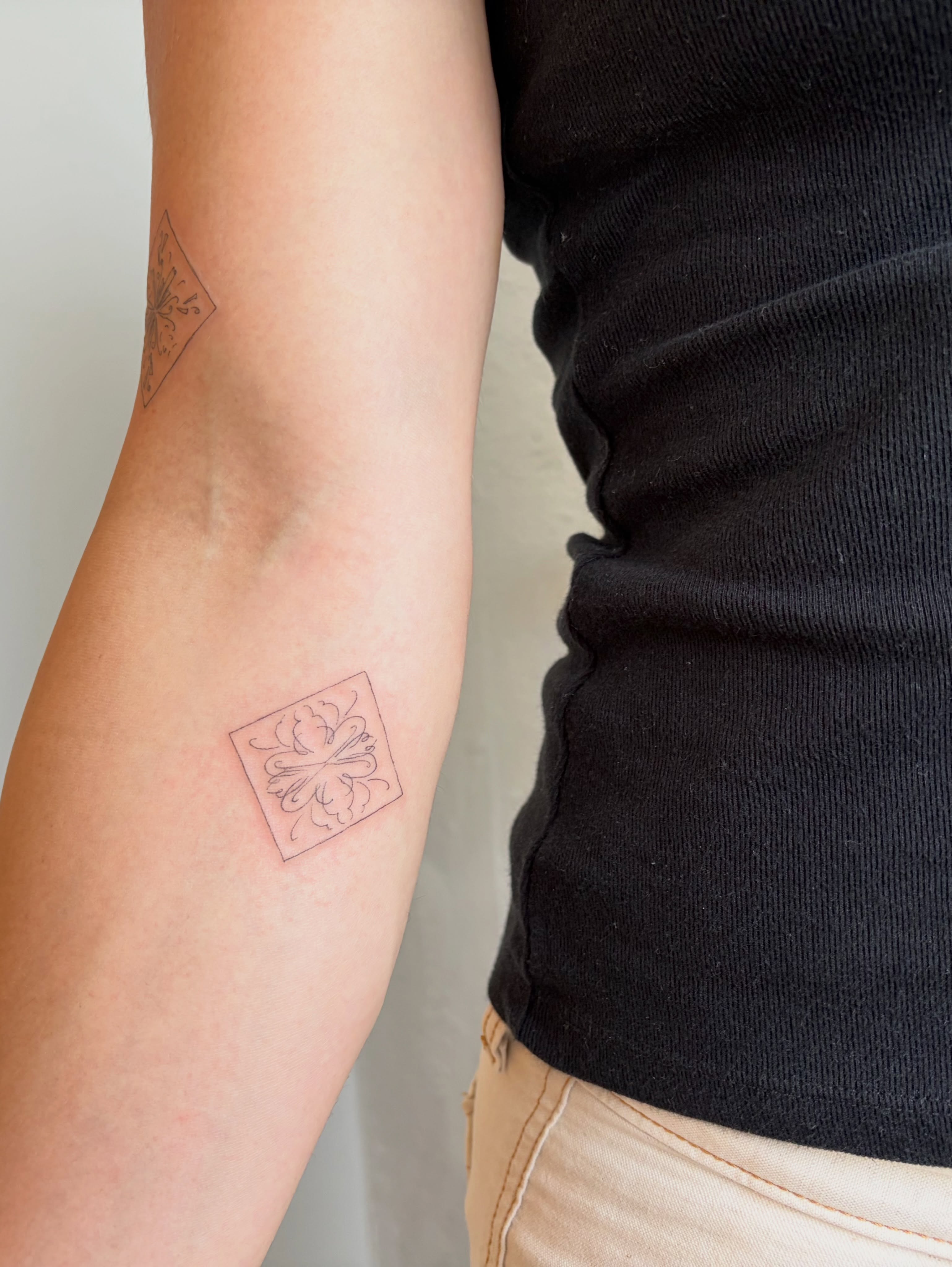 Floral pattern geometric tattoo on the forearm by annie’s tattoos ⭐꩜ .ᐟ