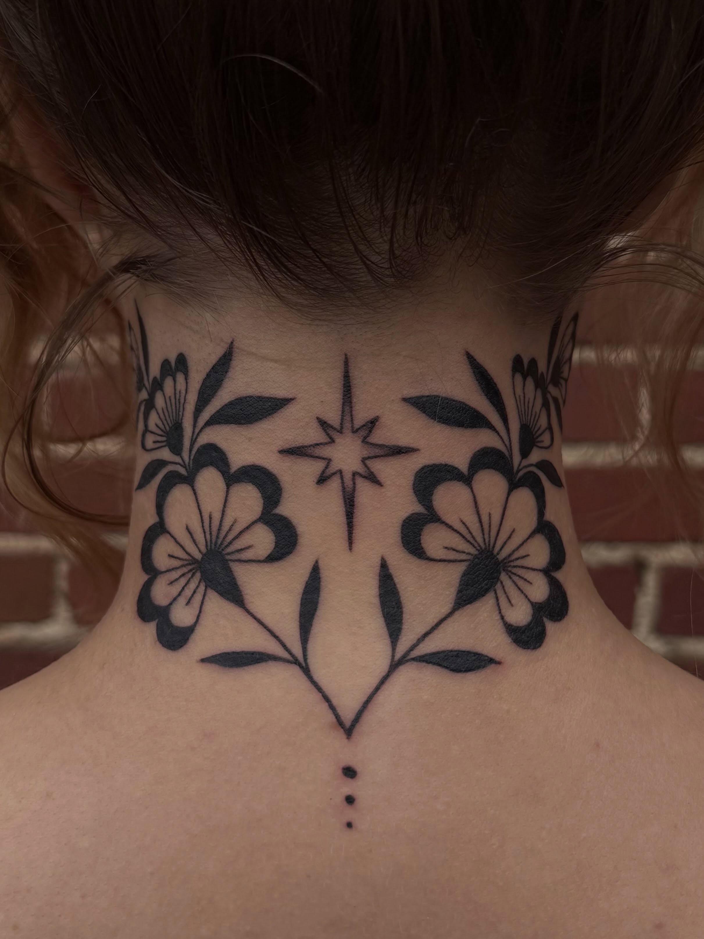 Floral arrangement black and grey tattoo on the neck by Kiera ❤️‍🔥