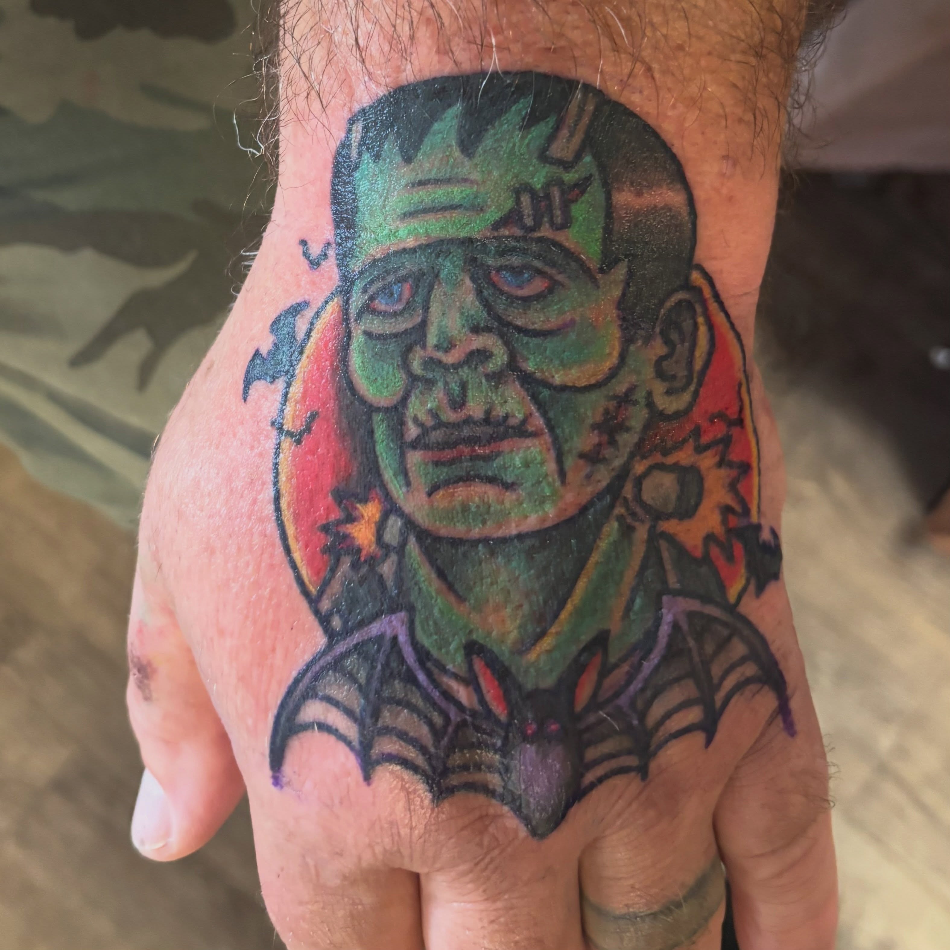 Frankenstein American traditional tattoo on the hand by Las Vegas Tattoo Artist