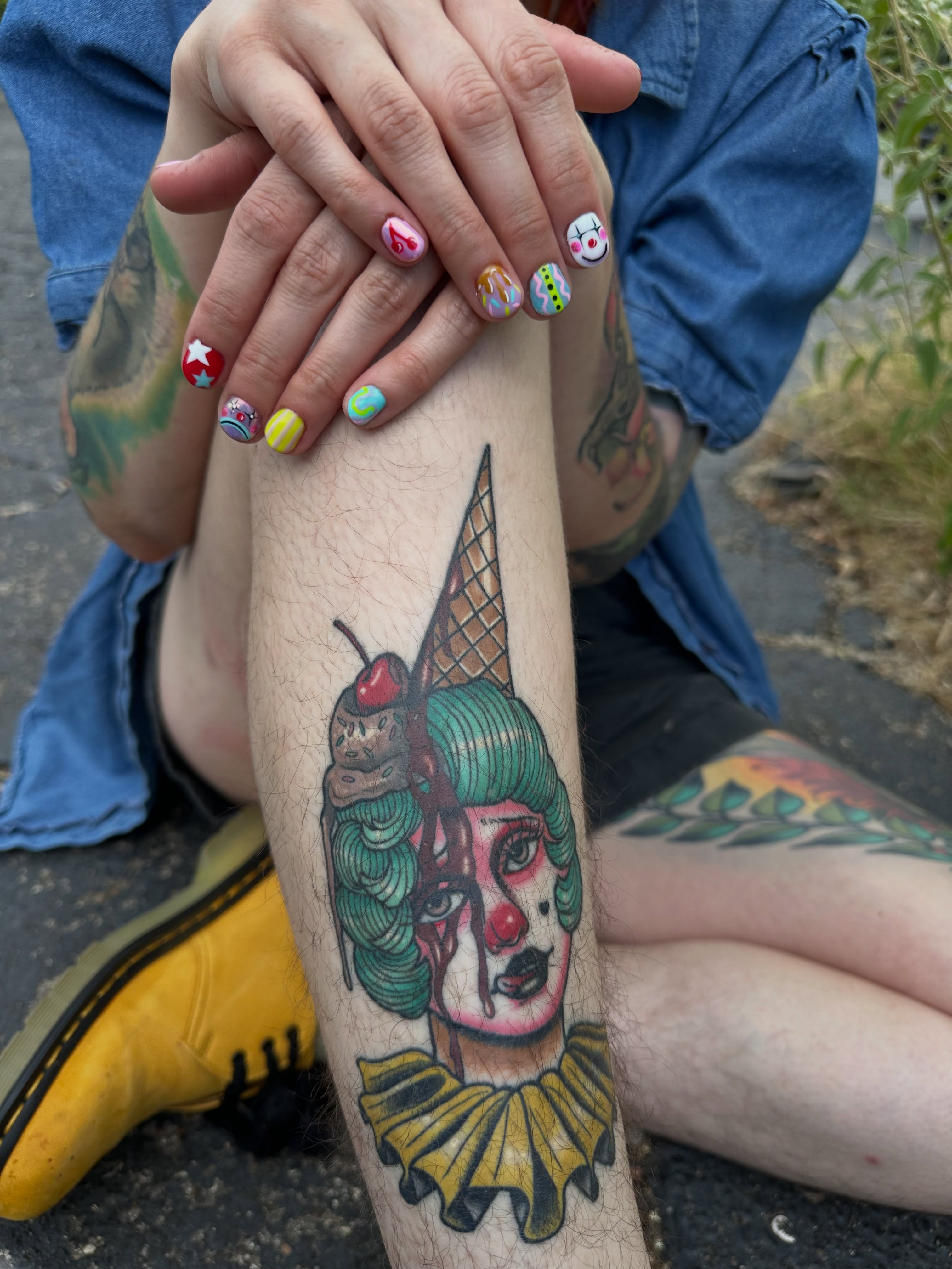 Clown ice cream cone American traditional tattoo on the forearm by Liz McDonald
