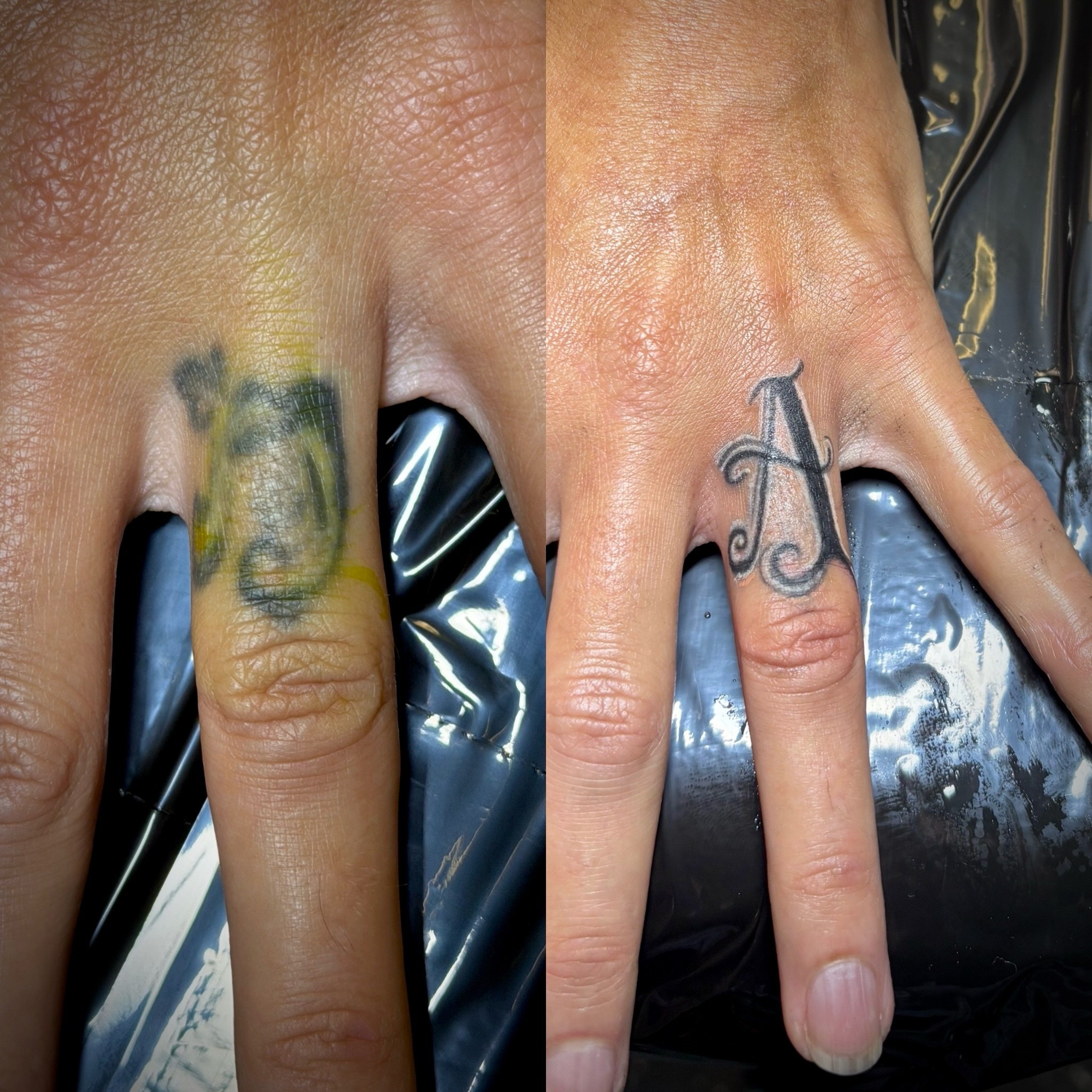 Letter 'A' lettering script tattoo on the hand by Anastasia Carrasco