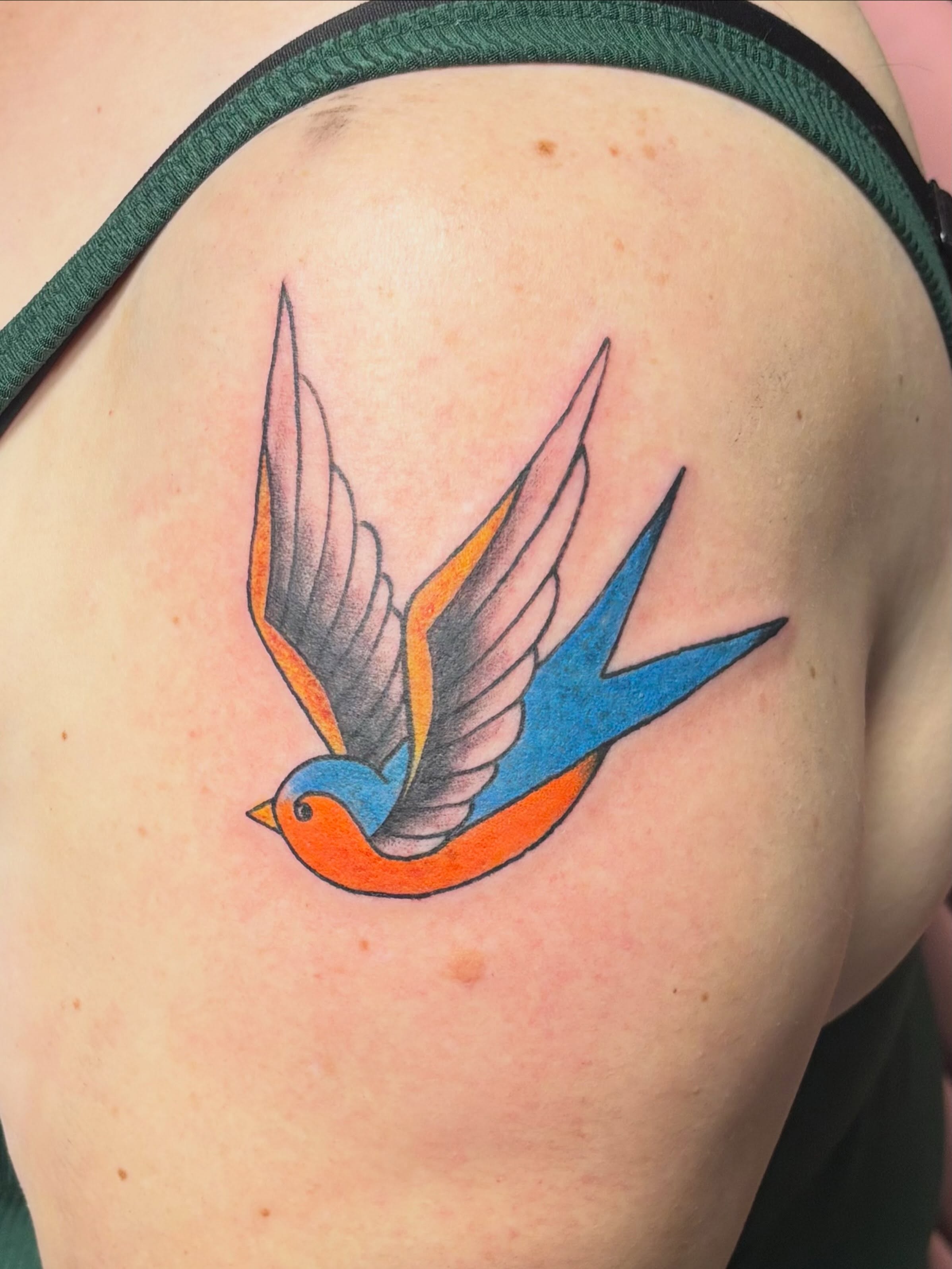 Swallow American traditional tattoo on the shoulder by Jeff Zuptich
