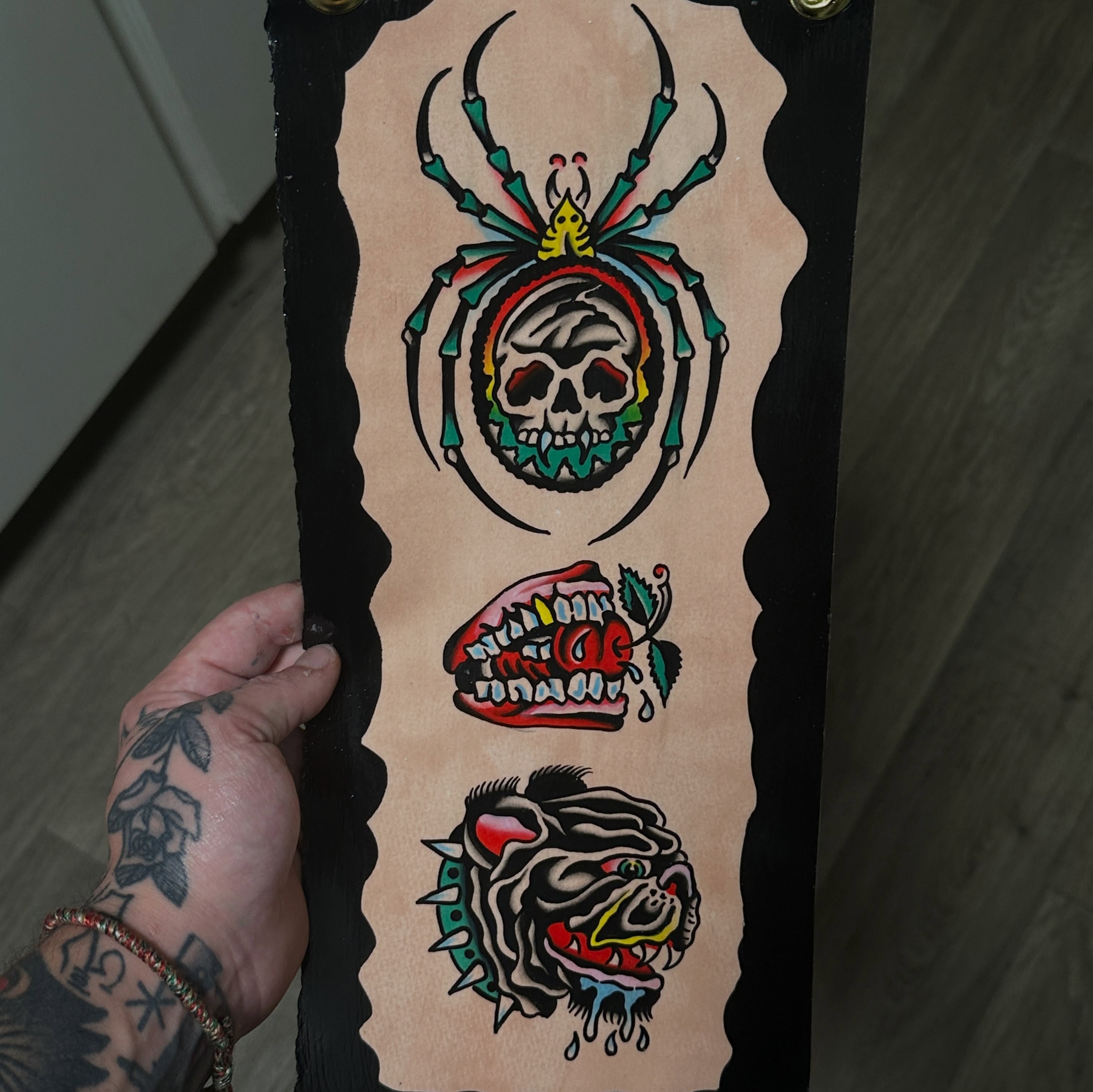 Skull with spider American traditional tattoo by Jared Allen, Saint Petersburg, Florida