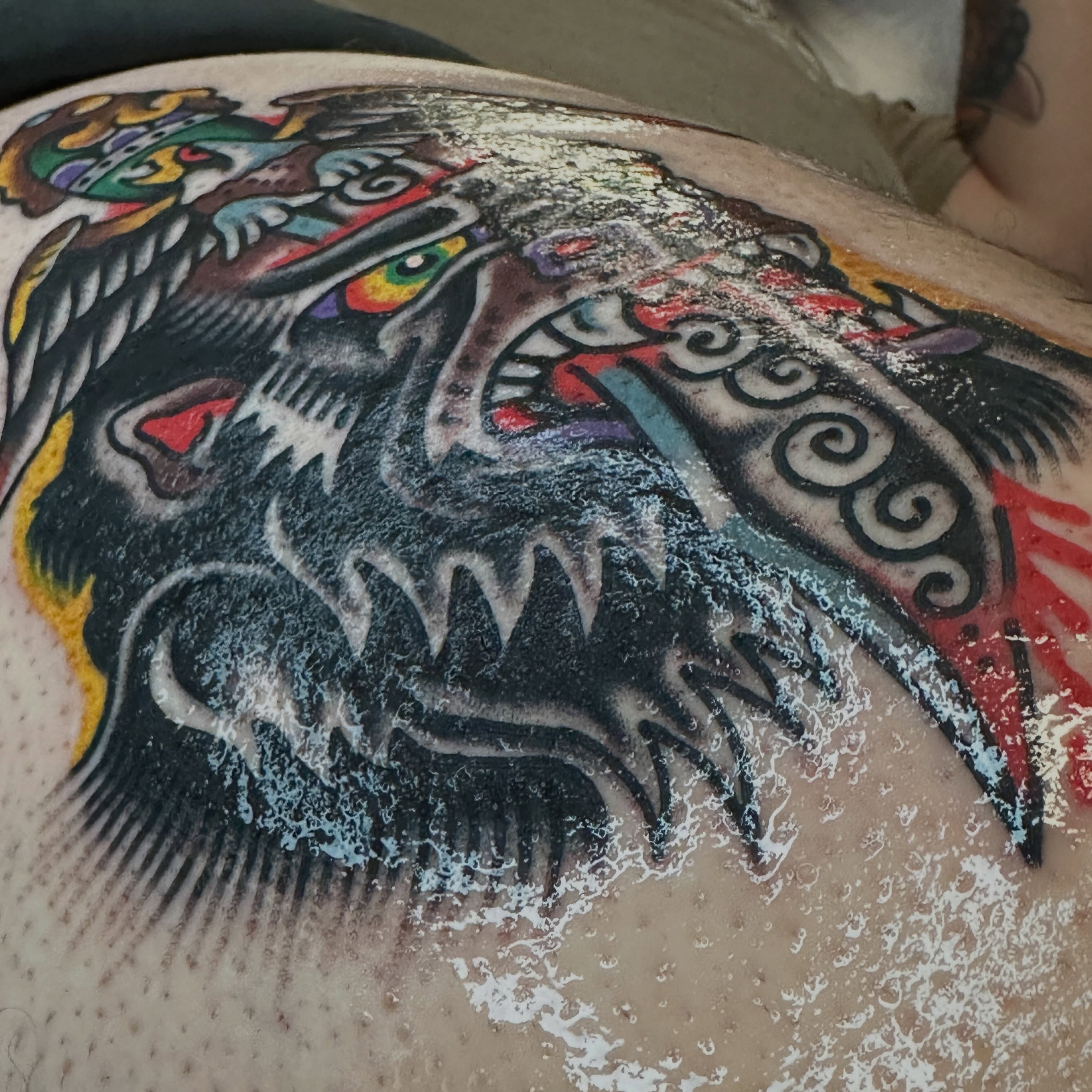 Lion American traditional tattoo on the shoulder by Jared Allen, Saint Petersburg, Florida