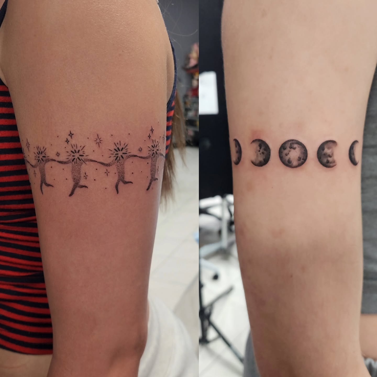 Dancing figures dotwork tattoo on the forearm by Jason August