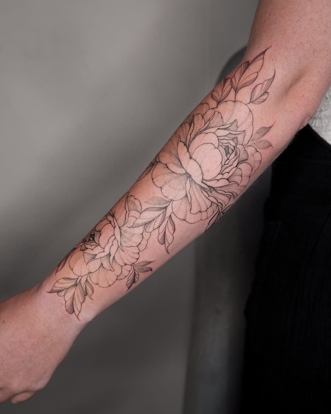 Peony flowers black and grey tattoo on the forearm by Pandora ✨ Floral, Los Angeles, California