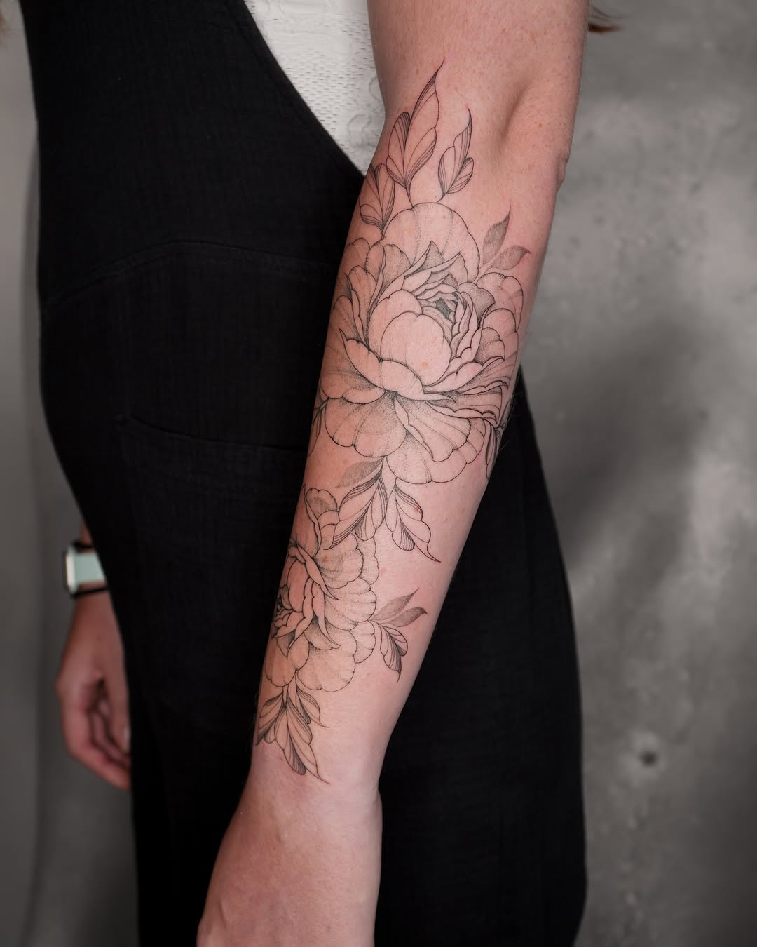 Peony black and grey tattoo on the forearm by Pandora ✨ Floral, Los Angeles, California