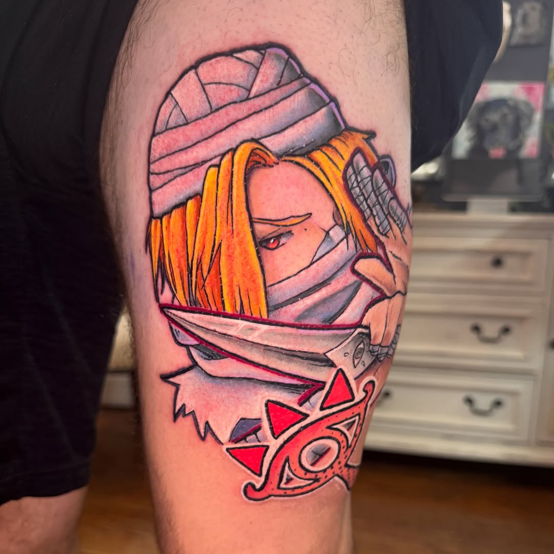 Anime character anime tattoo on the thigh by Eric Burns - NoVA Tattoo Artist