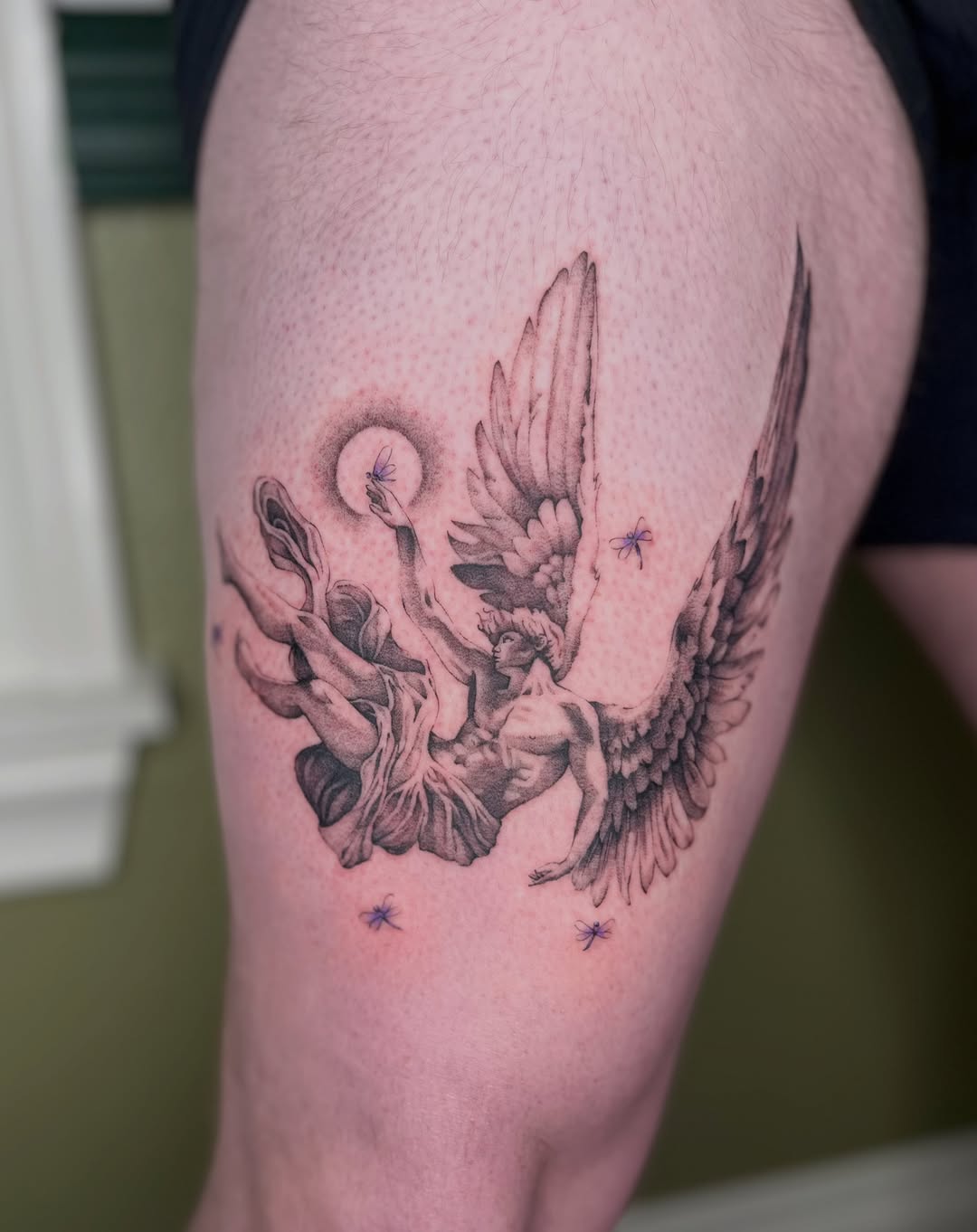 Angelic figure dotwork tattoo on the thigh by Ash F