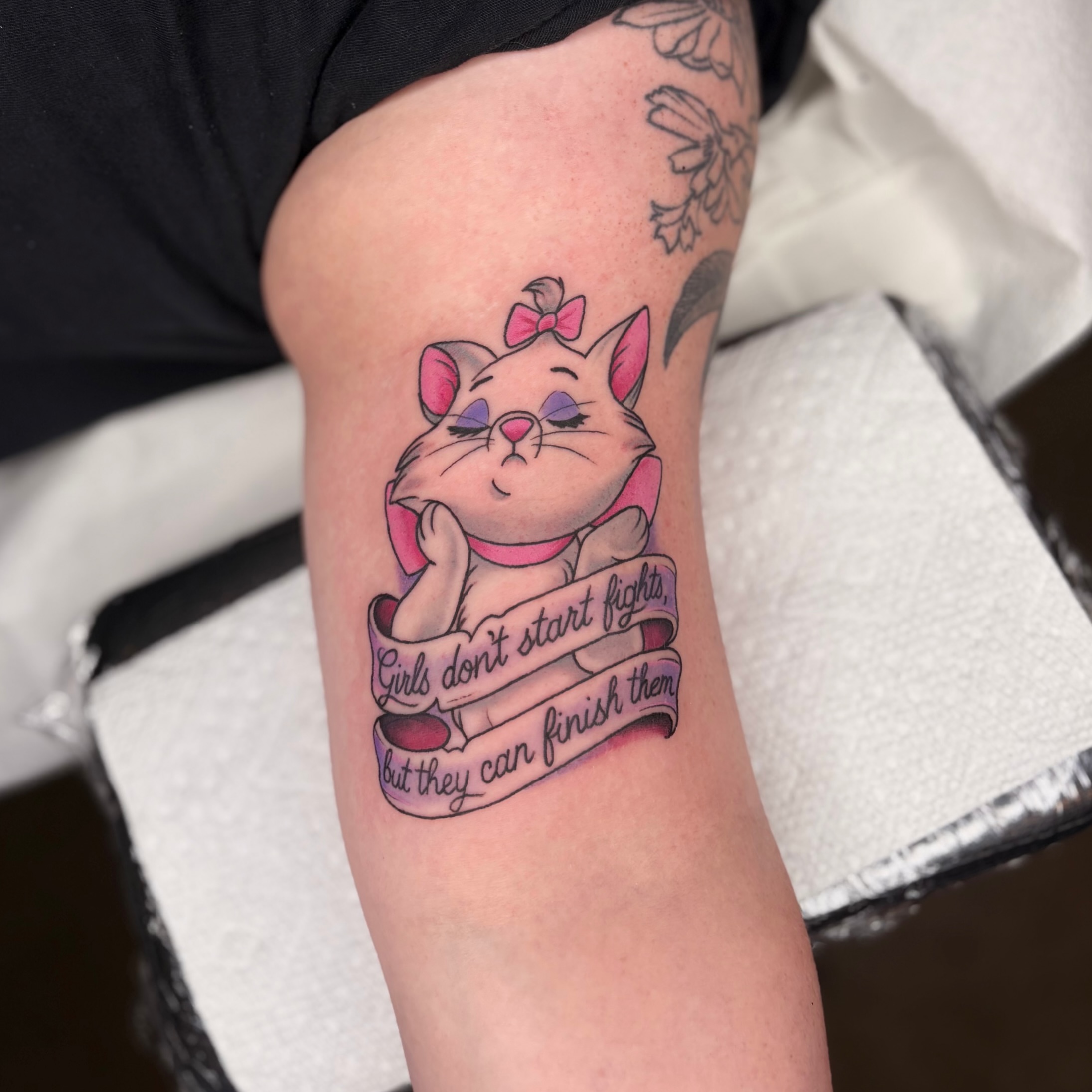 Aristocat illustrative tattoo on the forearm by Lauren Dempsey, Dearborn, Michigan