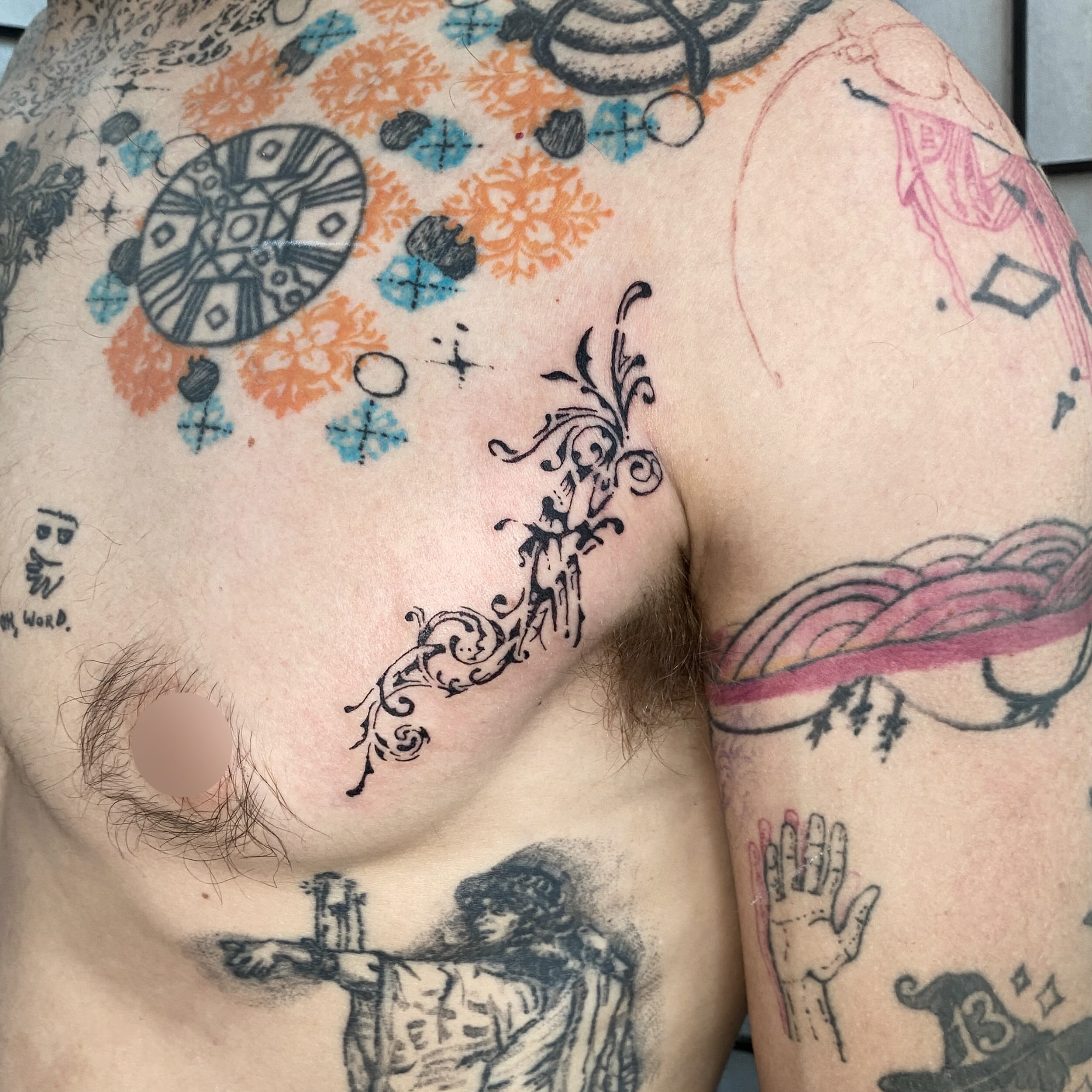 Abstract patterns dotwork tattoo on the chest by Clara