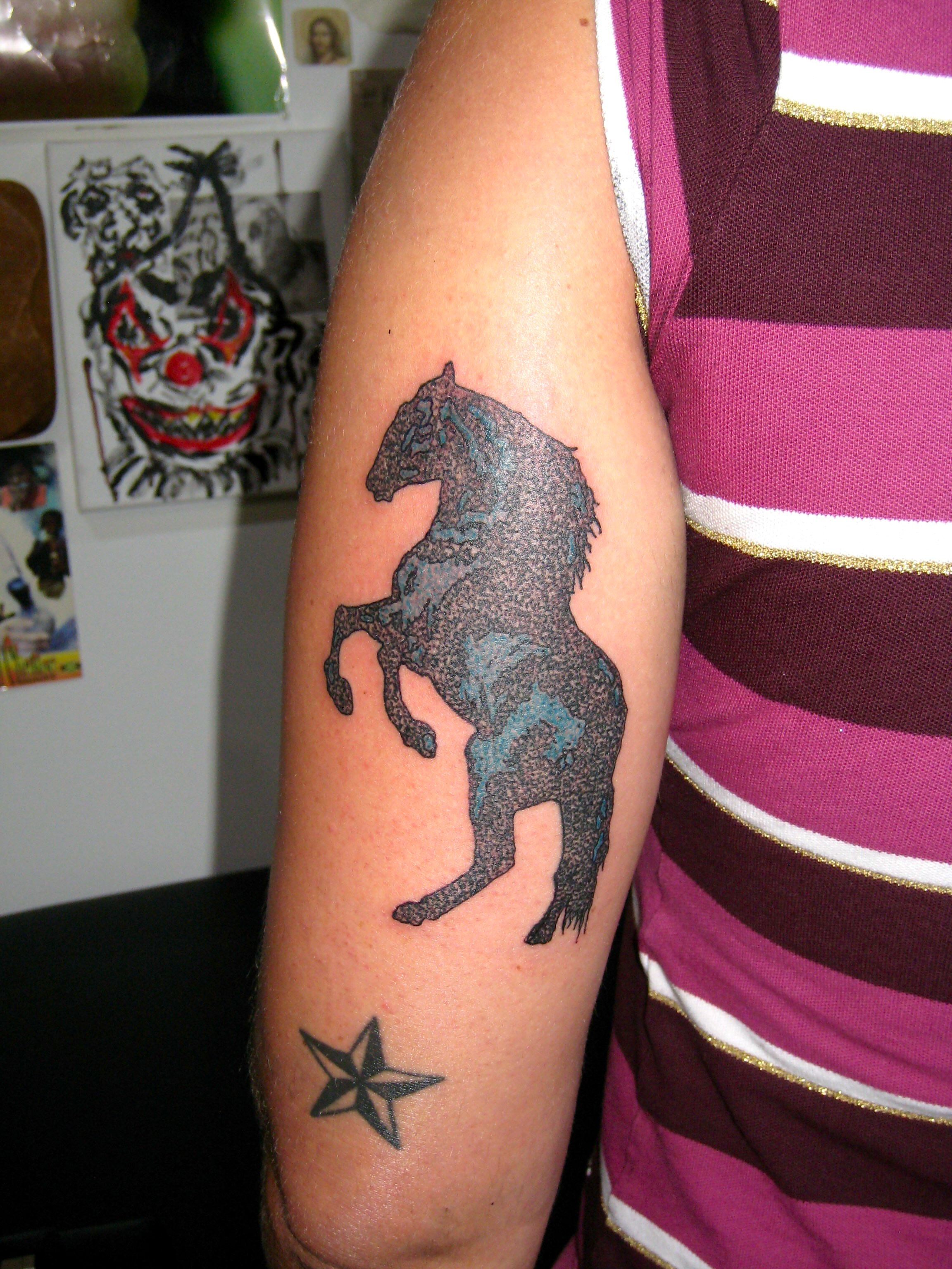 Horse dotwork tattoo on the forearm by jonatan