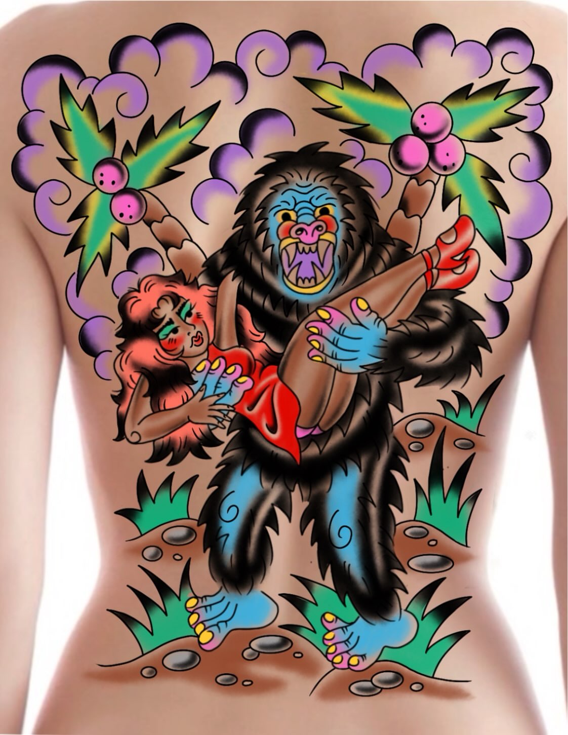 Gorilla and monkey American traditional tattoo on the back by ❁ Tat2friend ❁