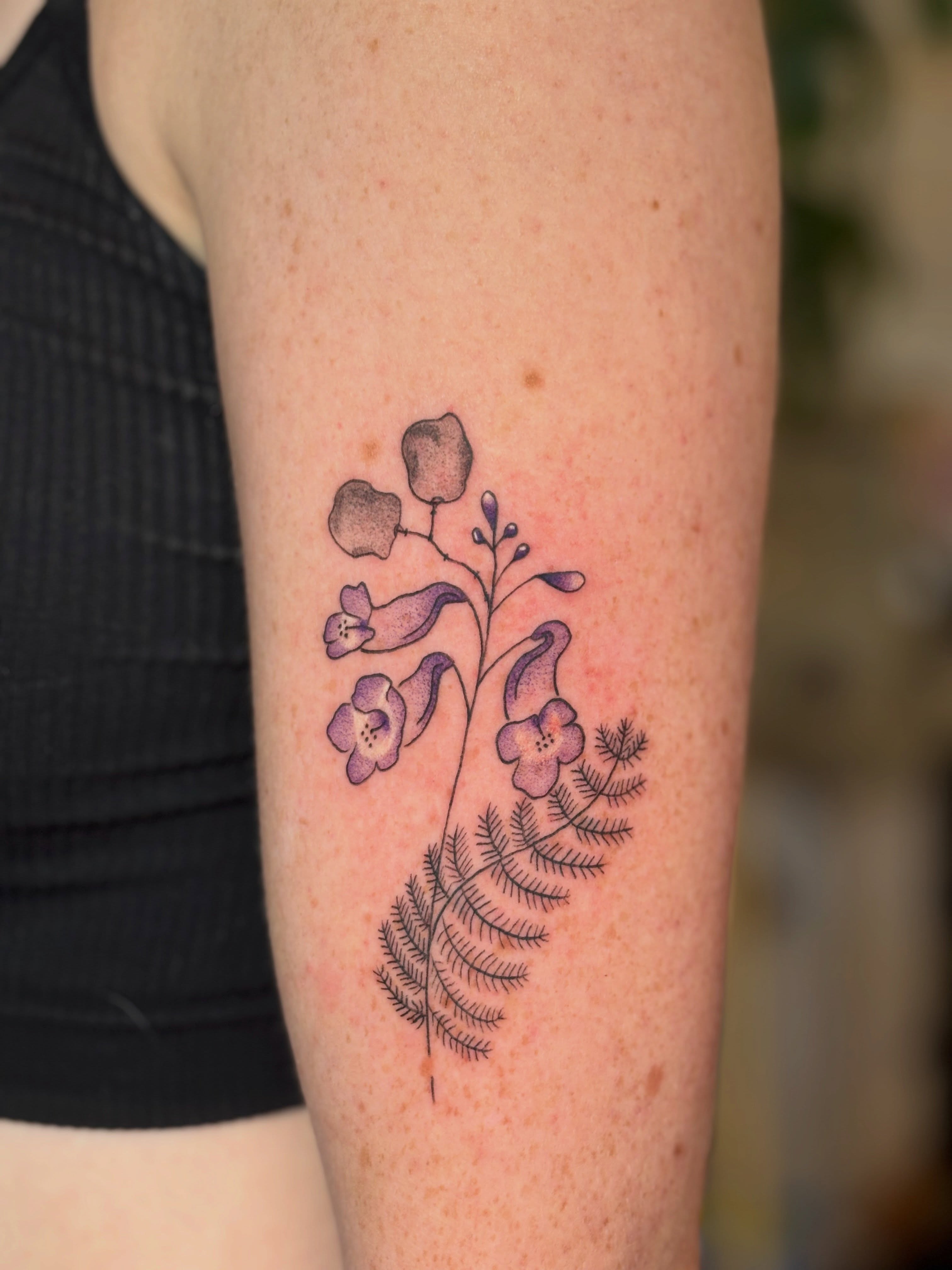 Flower arrangement dotwork tattoo on the forearm by carla sofia