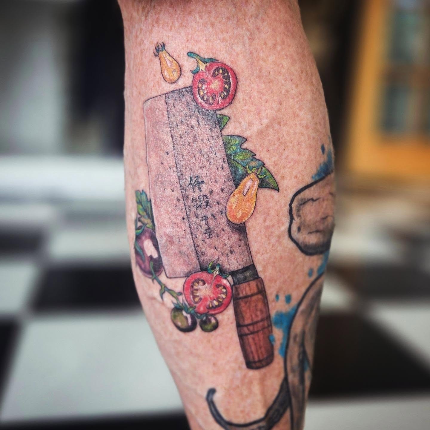 Knife and vegetables dotwork tattoo on the forearm by Molly DeSmedt