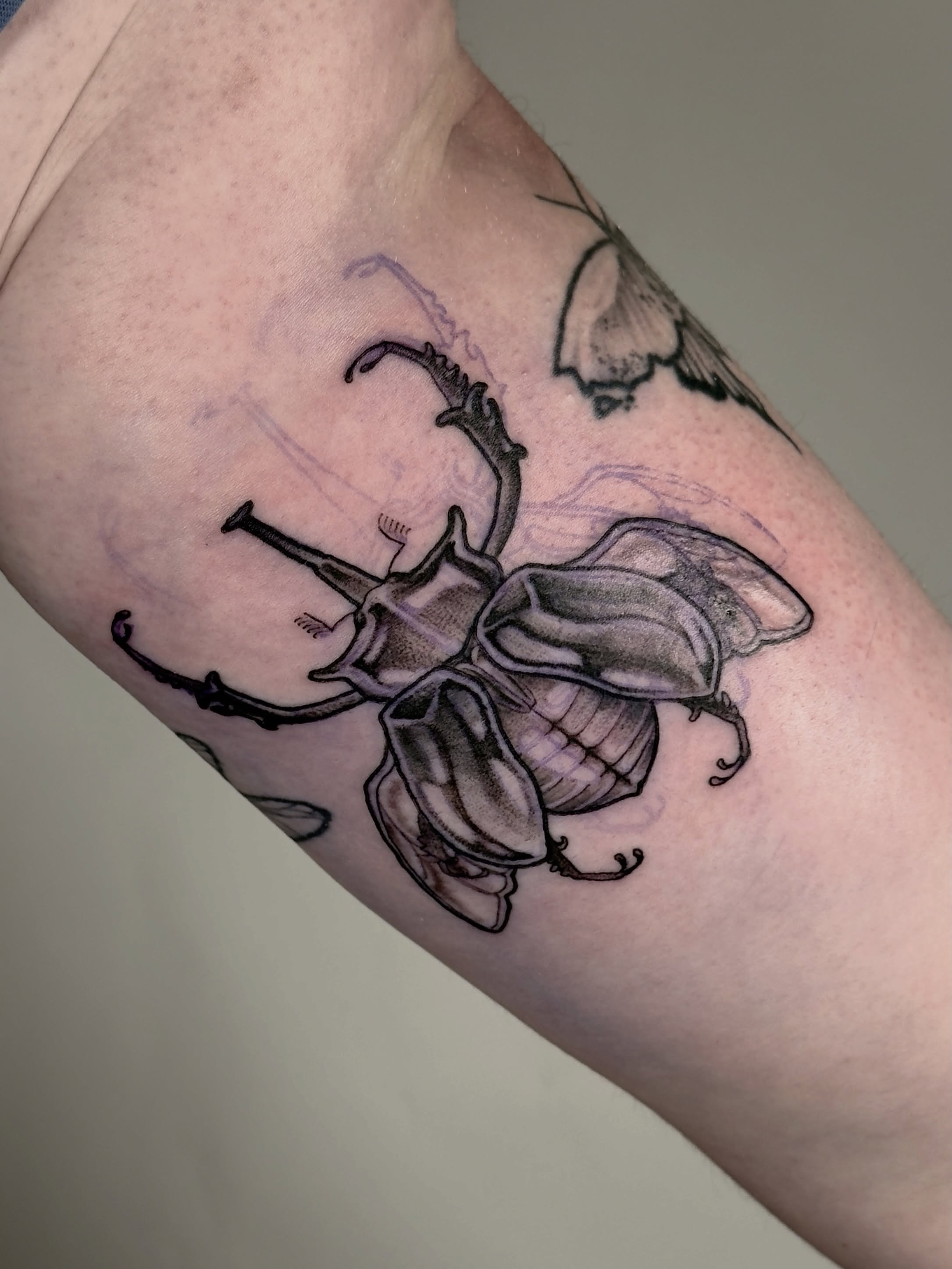 Scarab beetle black and grey tattoo on the forearm by autumn sky