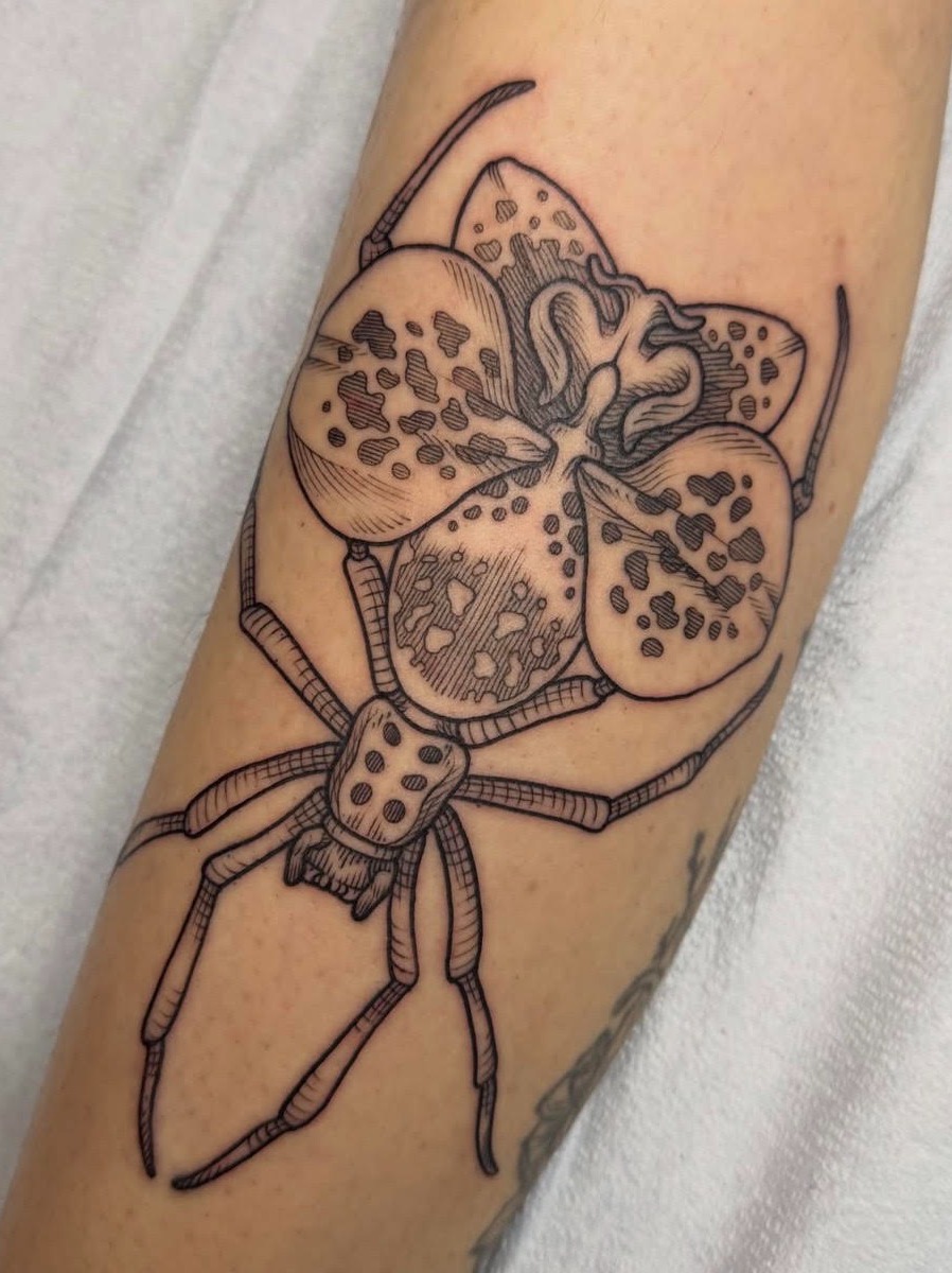 Spider orchid black and grey tattoo on the forearm by Taylor 🍂☕️