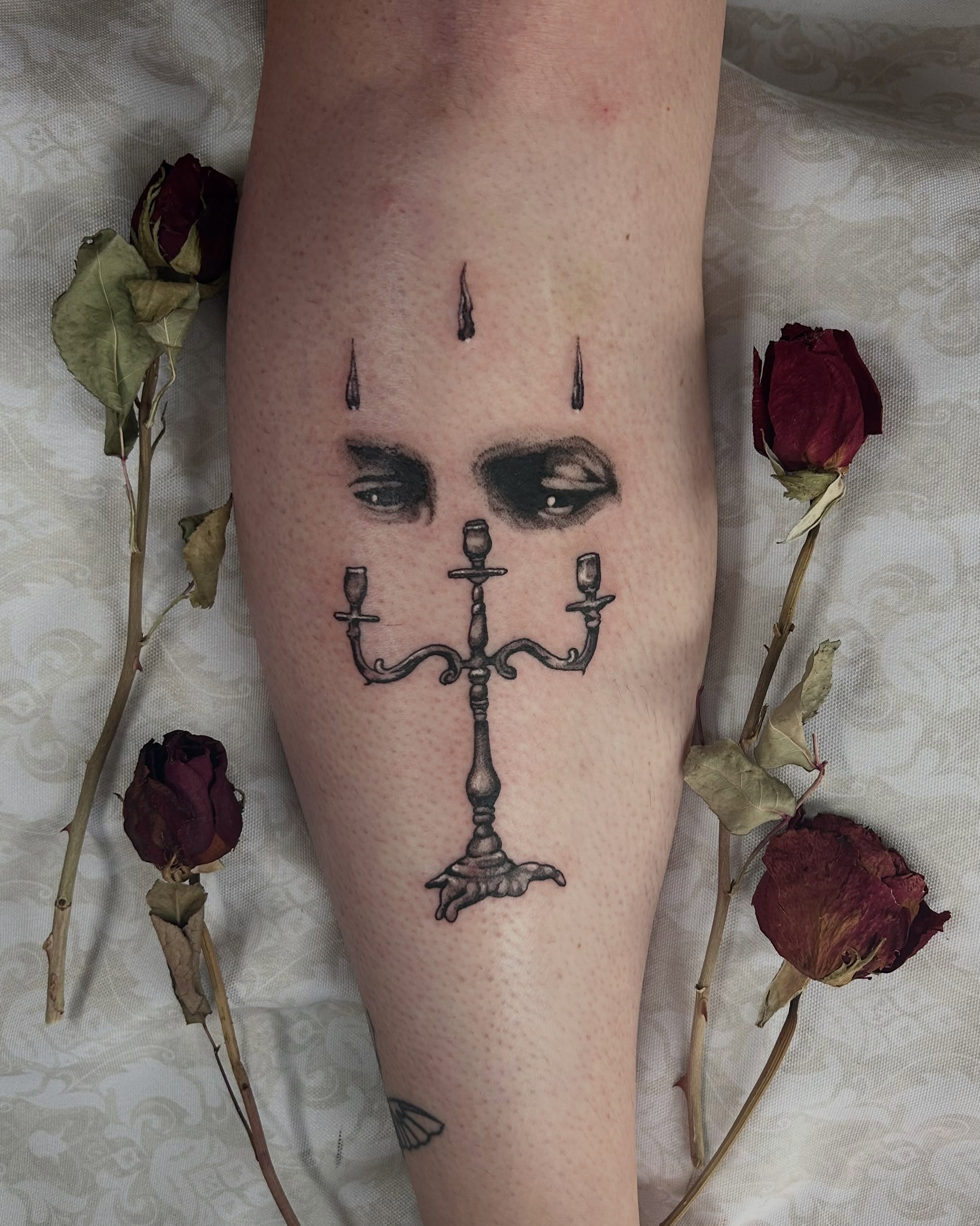 Candlestick with eyes dark realism tattoo on the forearm by ๐๐๐๐๐๐ ๐๐๐๐๐๐ ๐๐๐๐๐๐