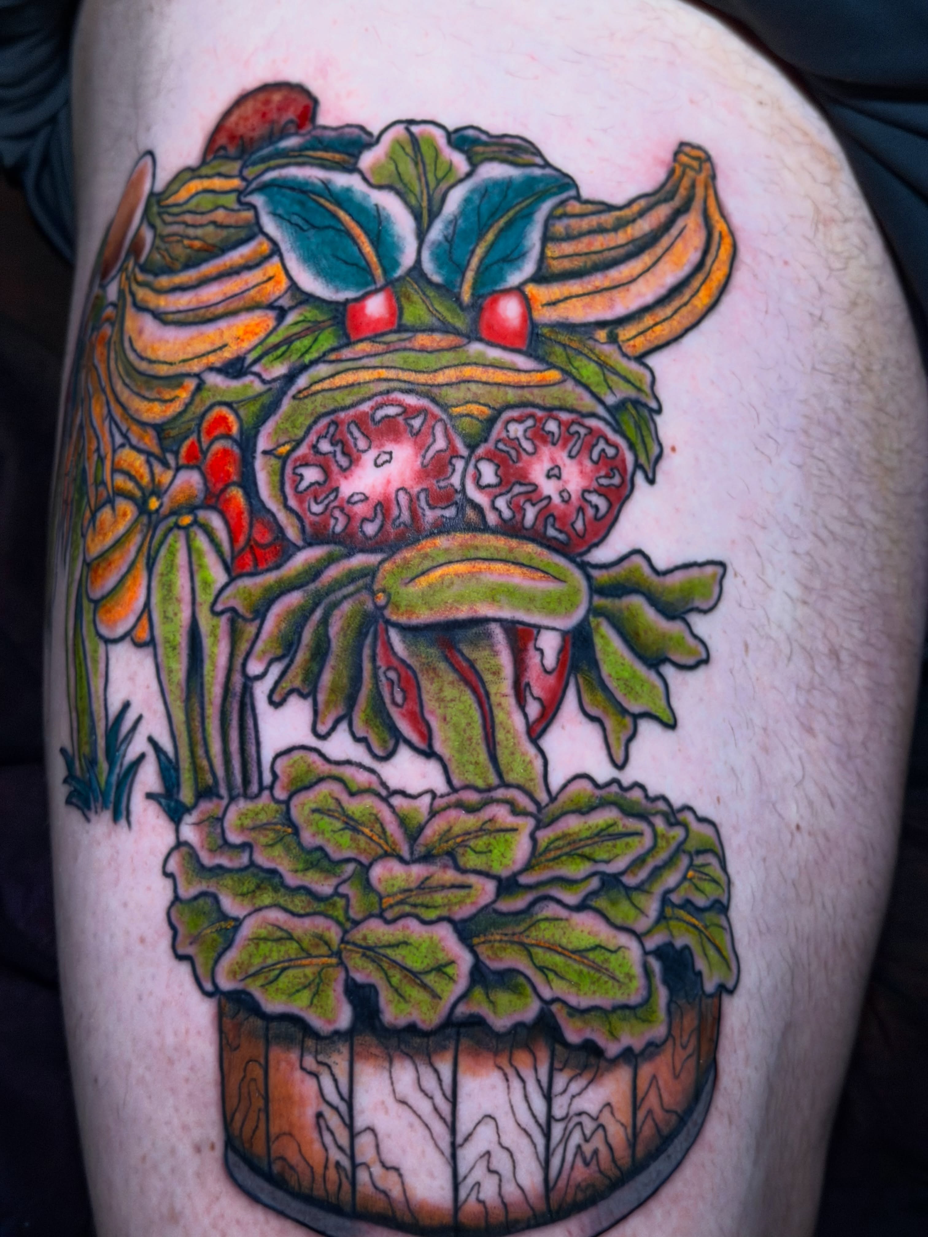 Pitcher plant American traditional tattoo on the thigh by Giuseppe T.C.