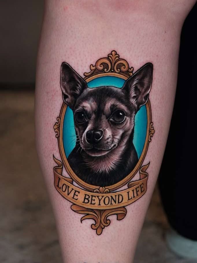 Dog portrait realism tattoo on the thigh by Fabian Hellberg