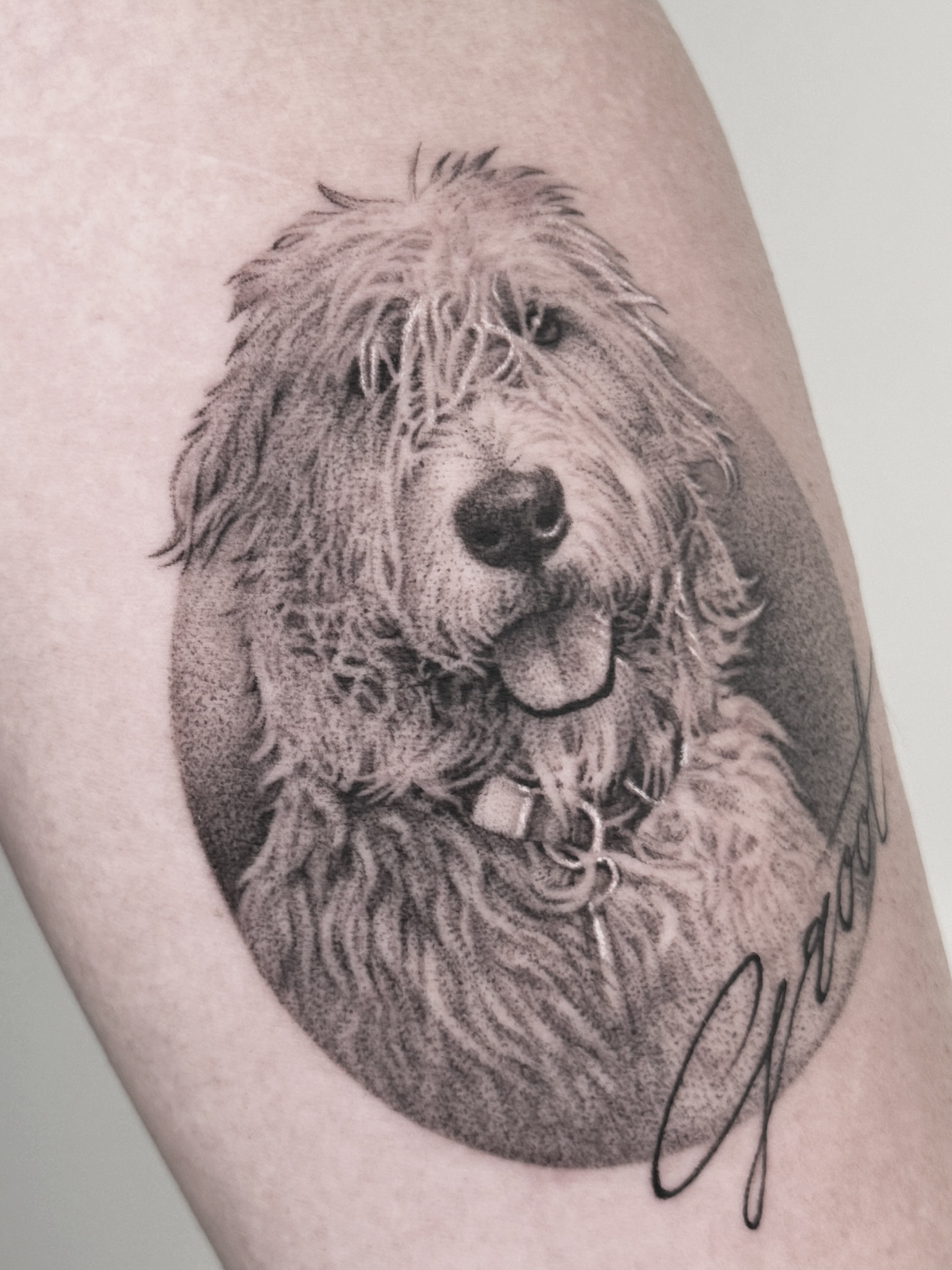 Dog dotwork tattoo on the thigh by Fabian Hellberg