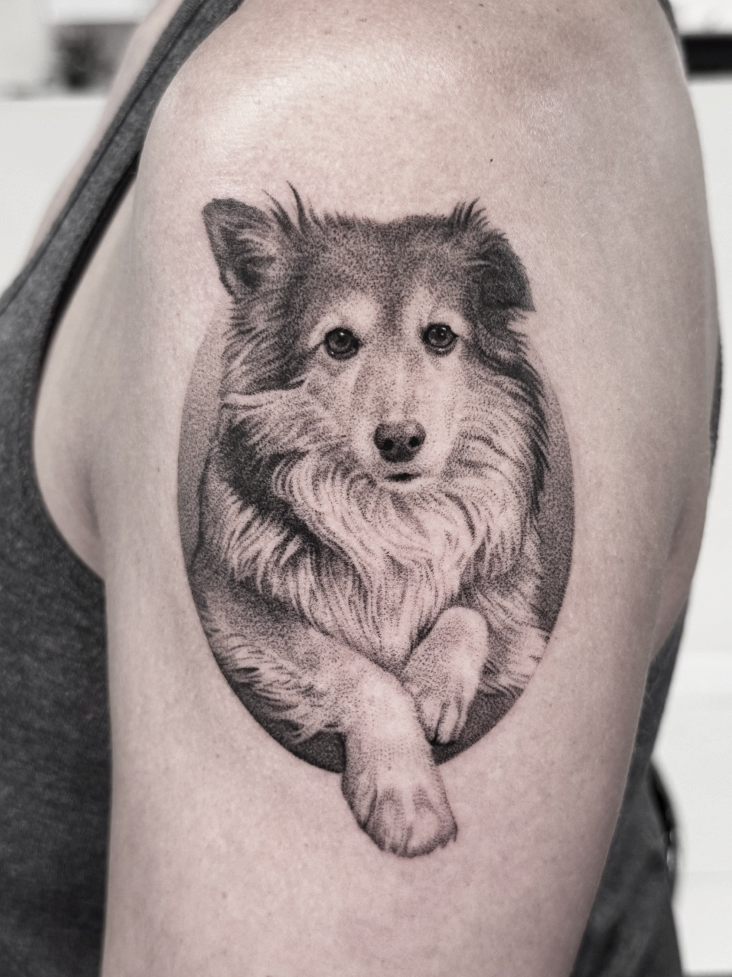 Dog dotwork tattoo on the upper arm by Fabian Hellberg