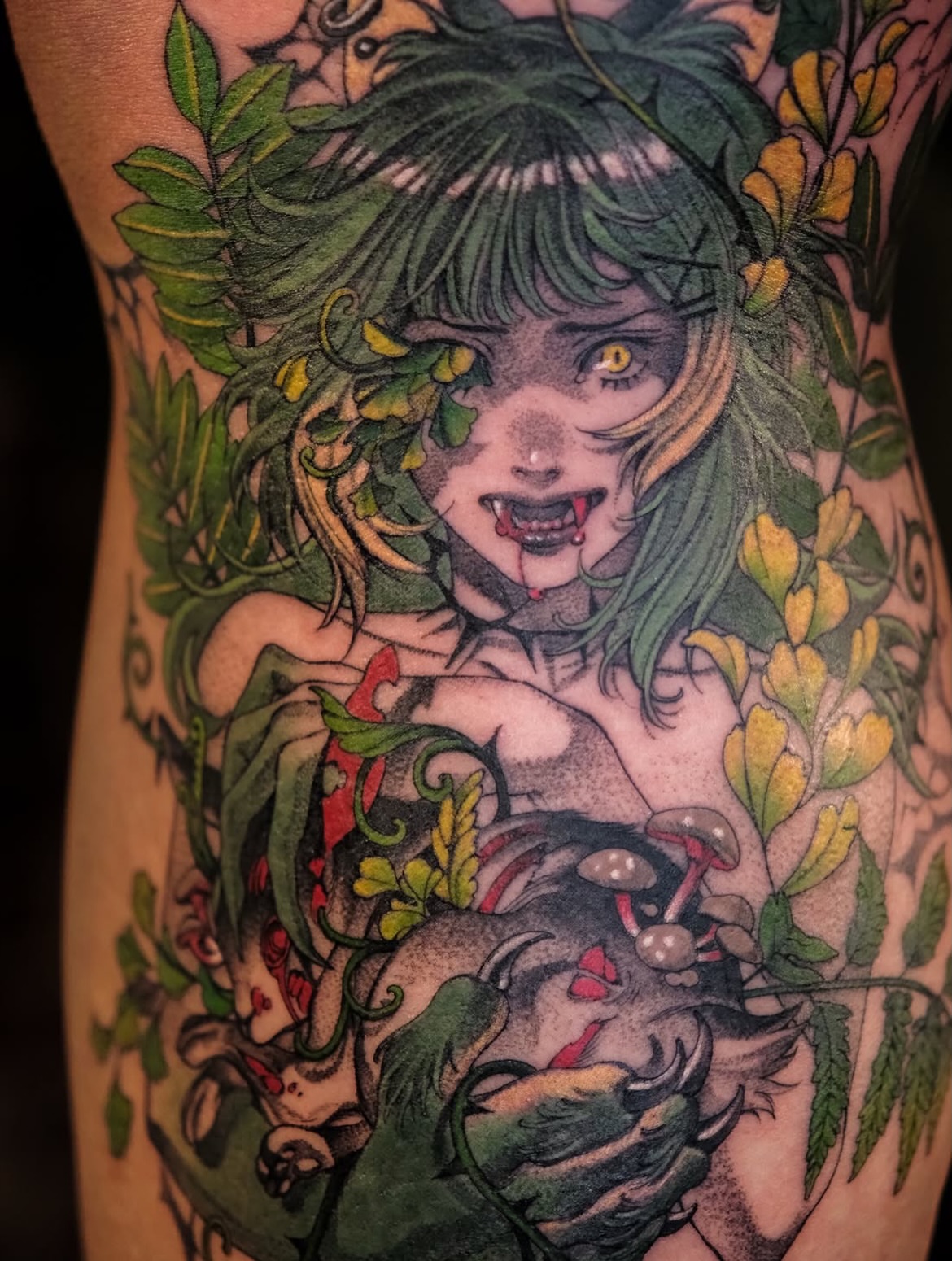 Forest nymph illustrative tattoo on the thigh by Hemi 혜미타투
